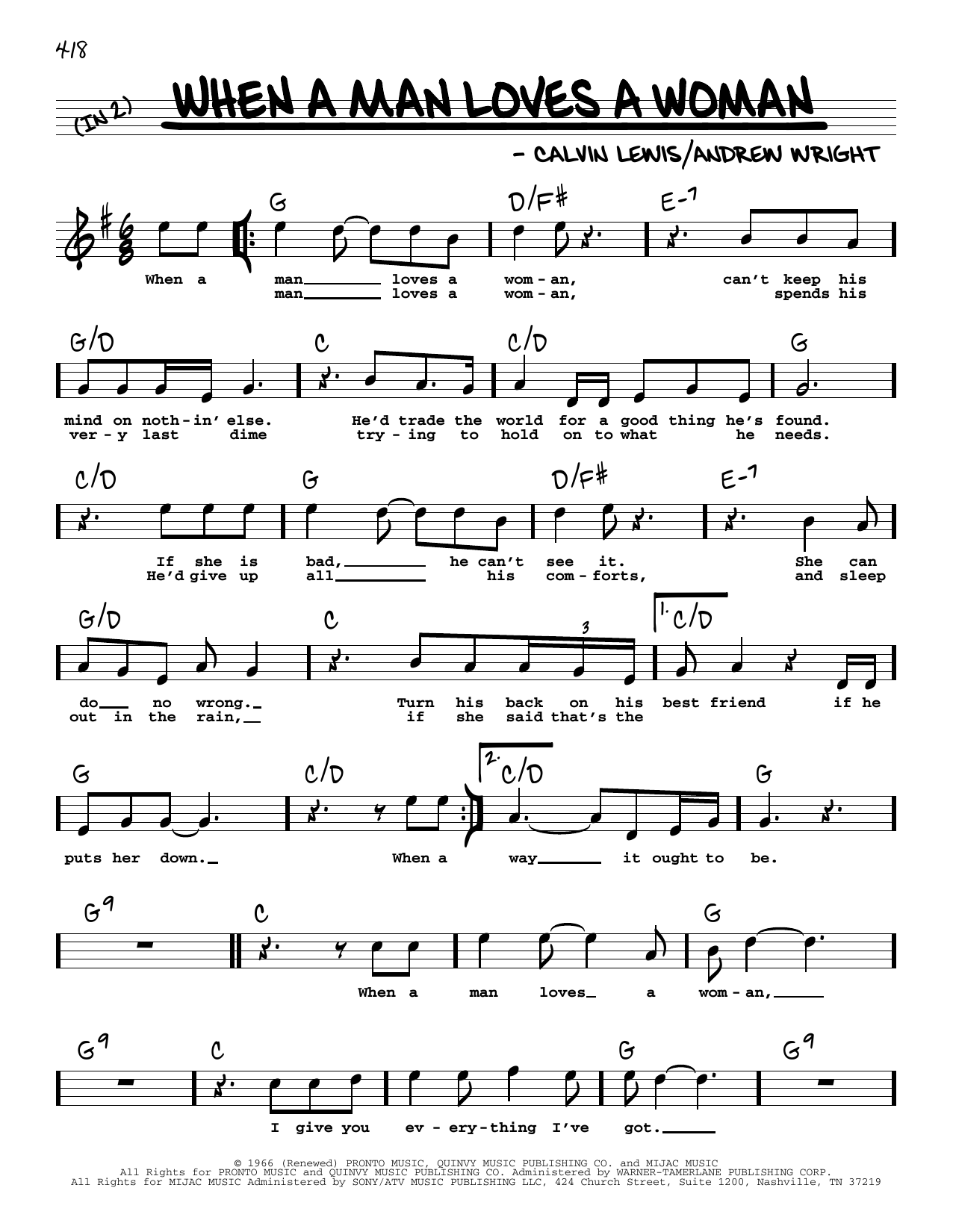 Percy Sledge When A Man Loves A Woman (High Voice) sheet music notes and chords arranged for Real Book – Melody, Lyrics & Chords