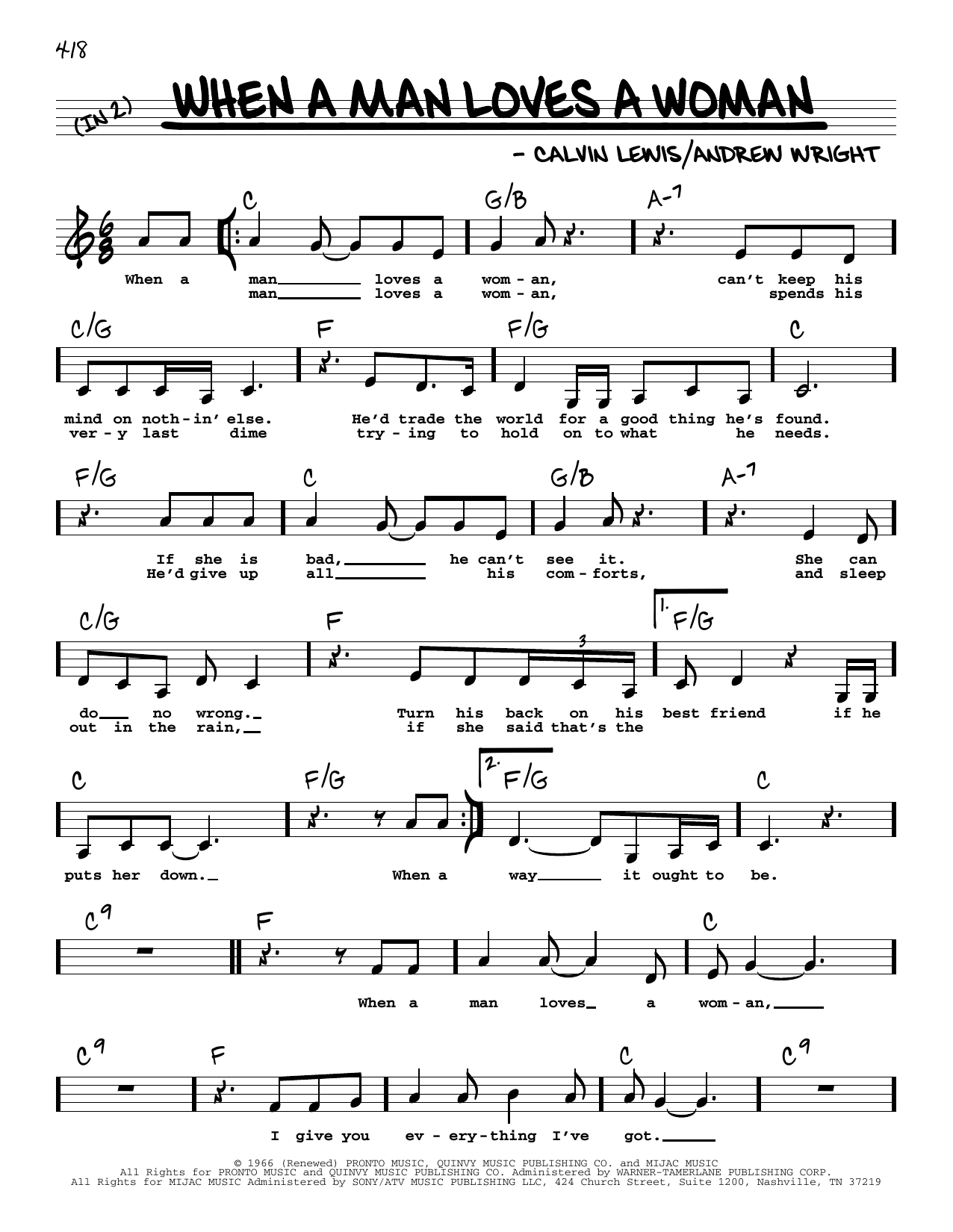 Percy Sledge When A Man Loves A Woman (Low Voice) sheet music notes and chords arranged for Real Book – Melody, Lyrics & Chords