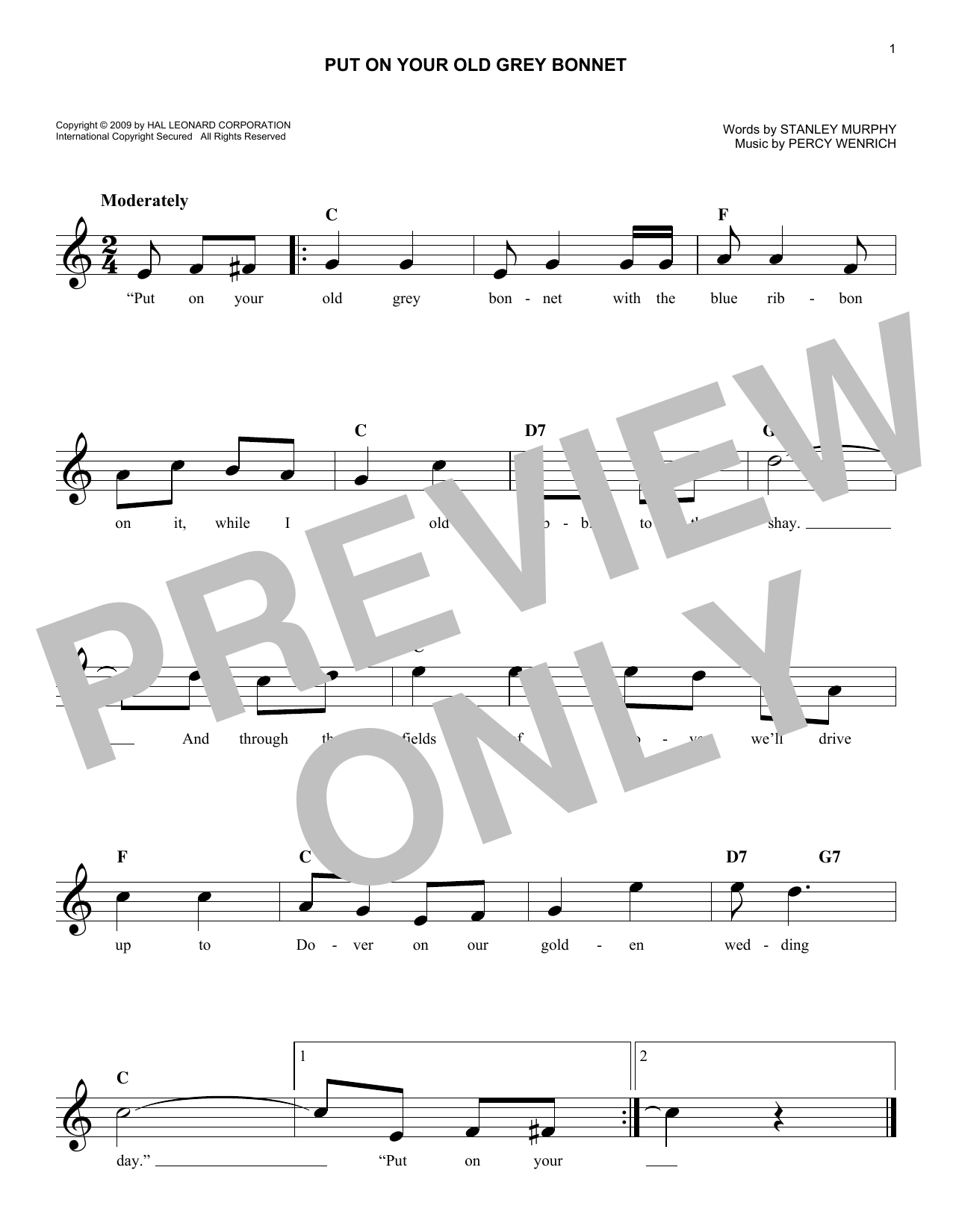 Percy Wenrich Put On Your Old Grey Bonnet sheet music notes and chords arranged for Lead Sheet / Fake Book
