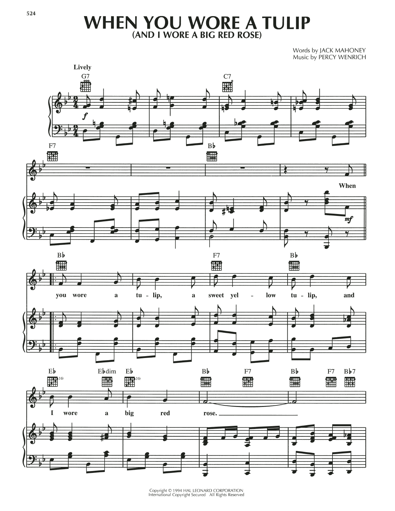 Percy Wenrich When You Wore A Tulip (And I Wore A Big Red Rose) sheet music notes and chords arranged for Piano, Vocal & Guitar Chords (Right-Hand Melody)