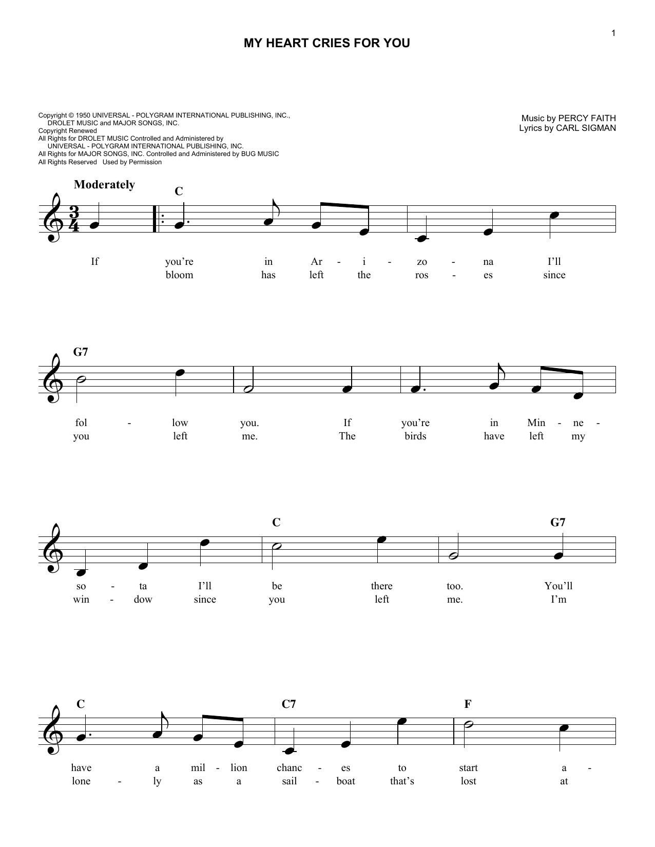 Percy Faith My Heart Cries For You sheet music notes and chords. Download Printable PDF.
