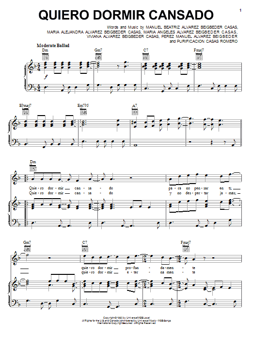 Perez Manuel Alvarez Beigbeder Quiero Dormir Cansado sheet music notes and chords arranged for Piano, Vocal & Guitar Chords (Right-Hand Melody)