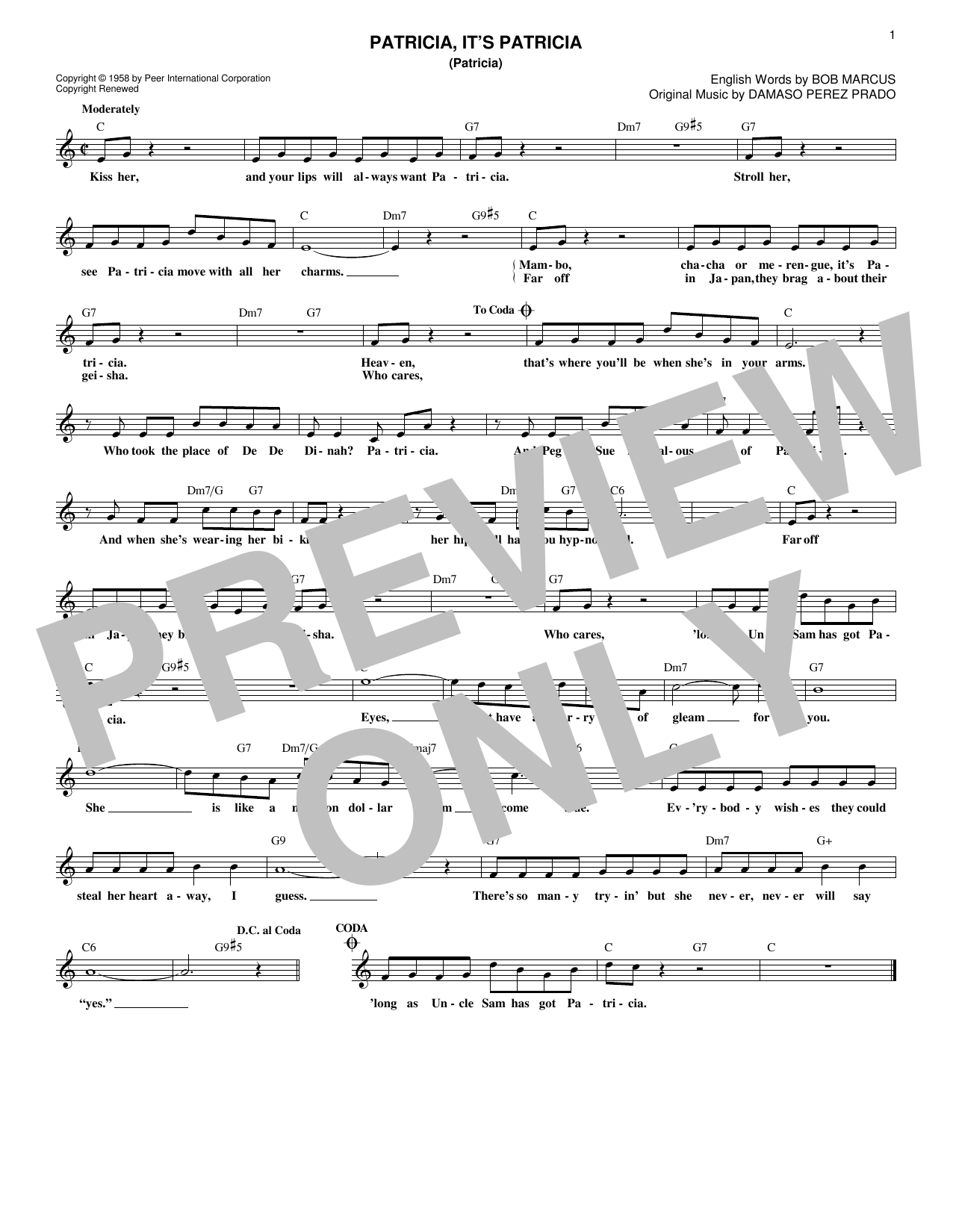 Perez Prado & His Orchestra Patricia, It's Patricia (Patricia) sheet music notes and chords arranged for Real Book – Melody & Chords