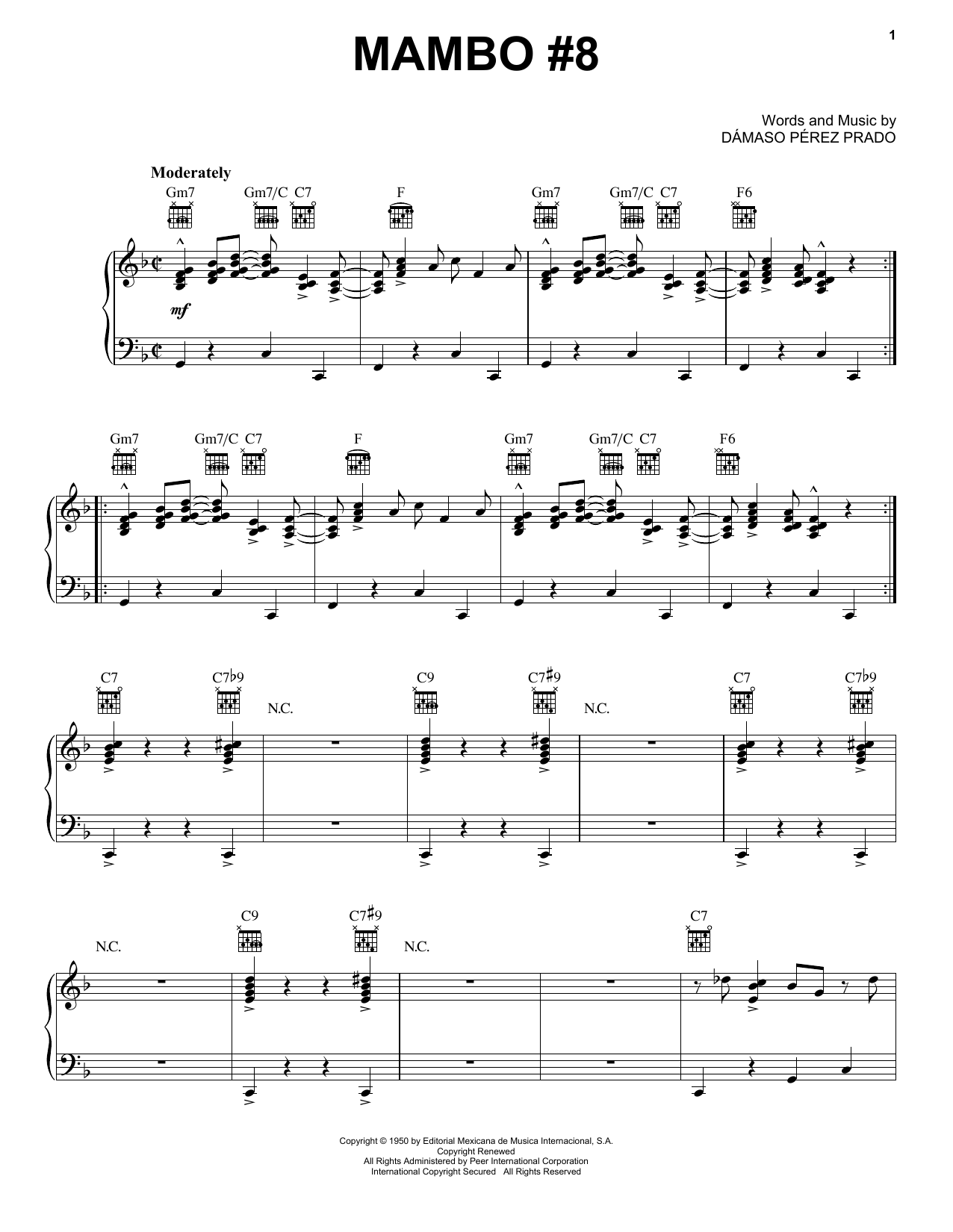 Pérez Prado Mambo #8 sheet music notes and chords arranged for Piano, Vocal & Guitar Chords (Right-Hand Melody)