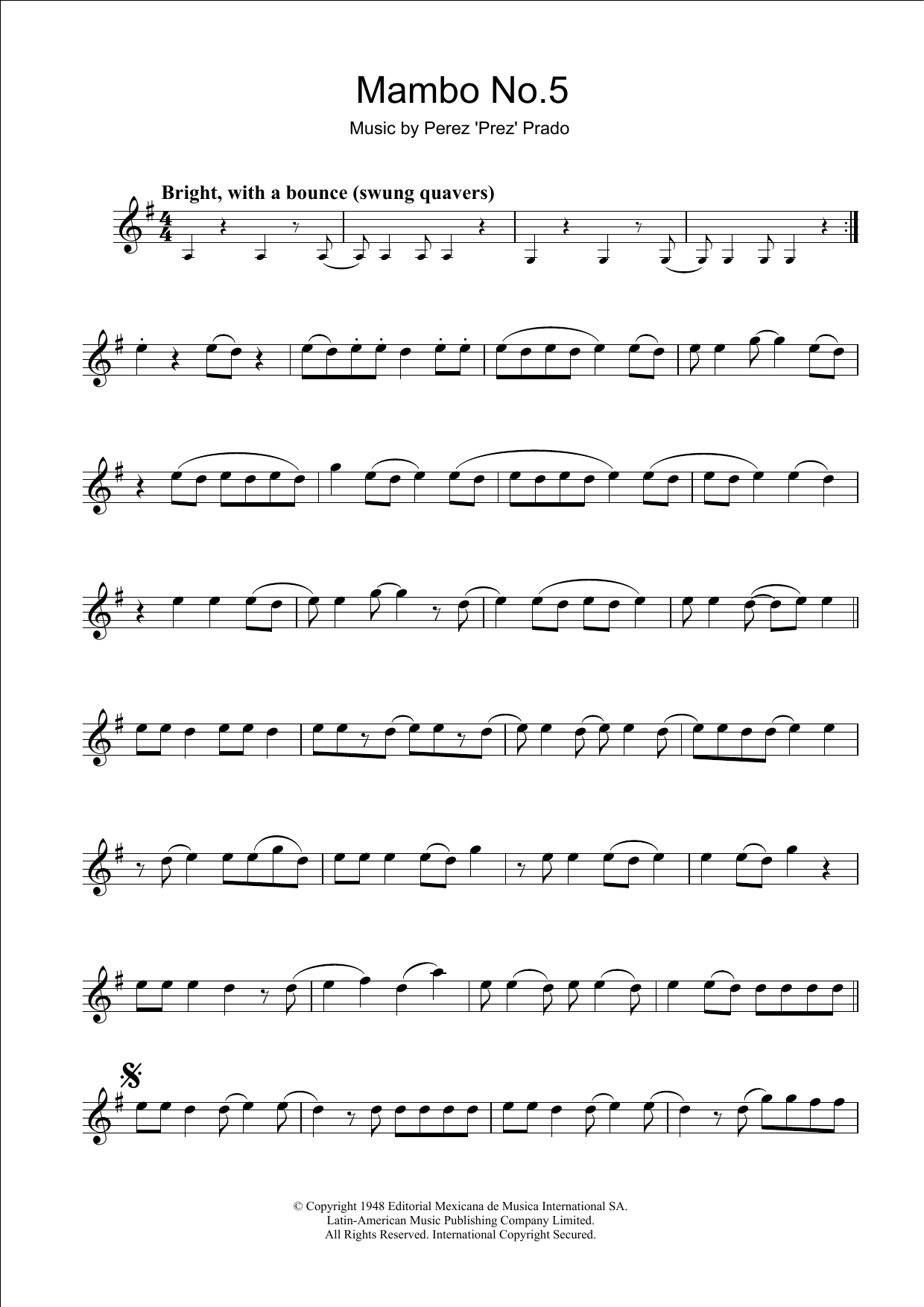 Perez Prado Mambo No. 5 sheet music notes and chords arranged for Clarinet Solo