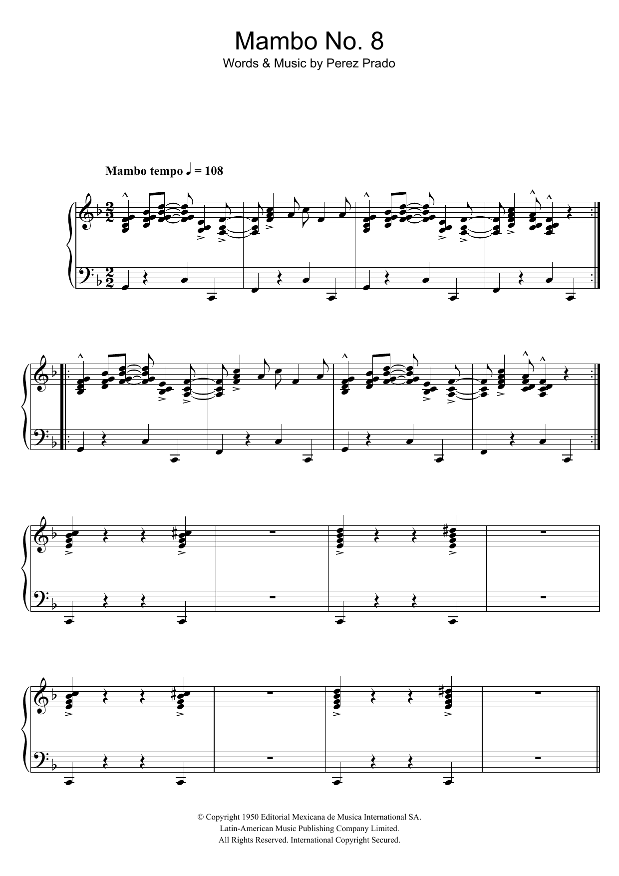 Perez Prado Mambo No. 8 sheet music notes and chords arranged for Piano Solo
