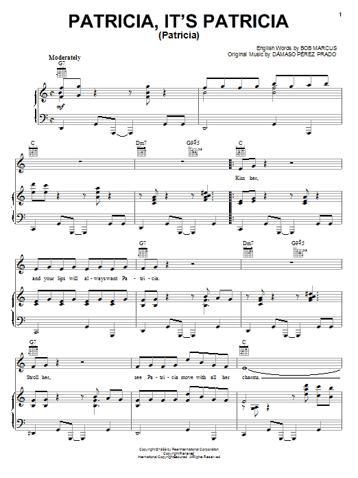 Perez Prado Patricia, It's Patricia (Patricia) sheet music notes and chords arranged for Piano, Vocal & Guitar Chords (Right-Hand Melody)