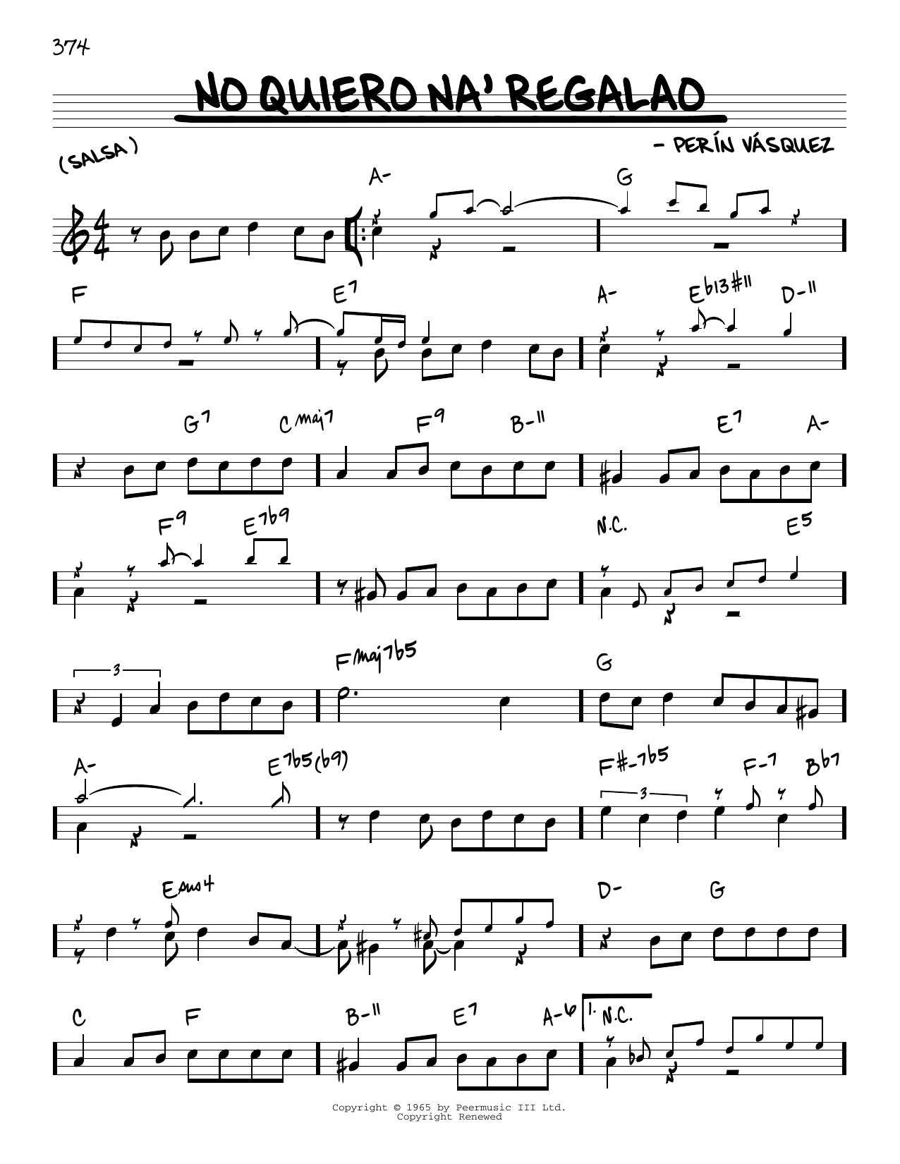 Perin Vasquez No Quiero Na' Regalao sheet music notes and chords arranged for Real Book – Melody & Chords