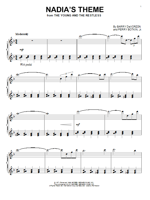 Perry Botkin Jr. Nadia's Theme sheet music notes and chords arranged for Piano Solo