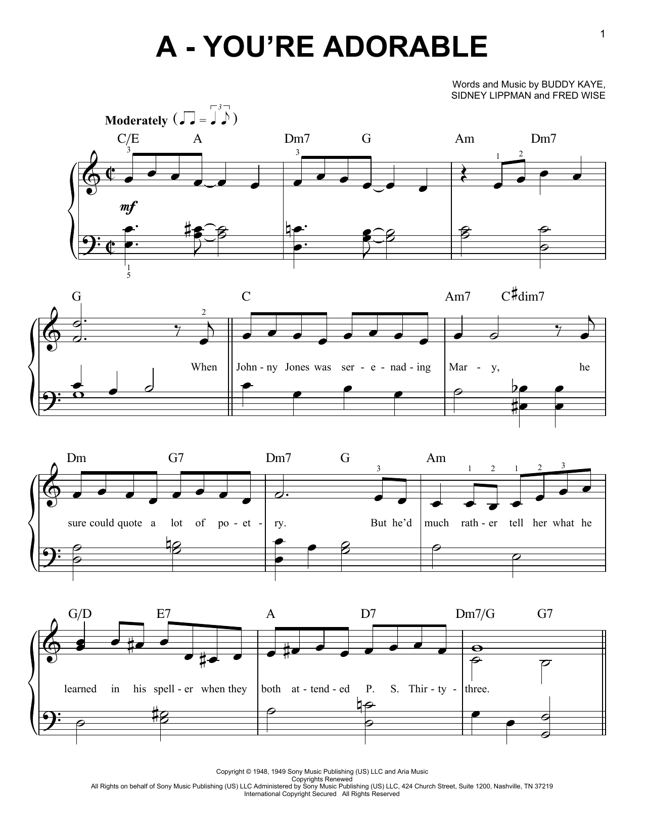 Perry Como & The Fontane Sisters A - You're Adorable sheet music notes and chords arranged for Easy Piano