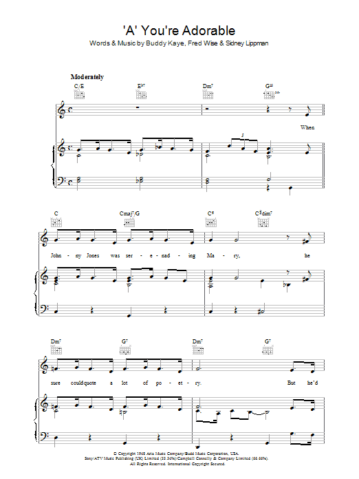 Perry Como 'A' You're Adorable sheet music notes and chords arranged for Piano, Vocal & Guitar Chords