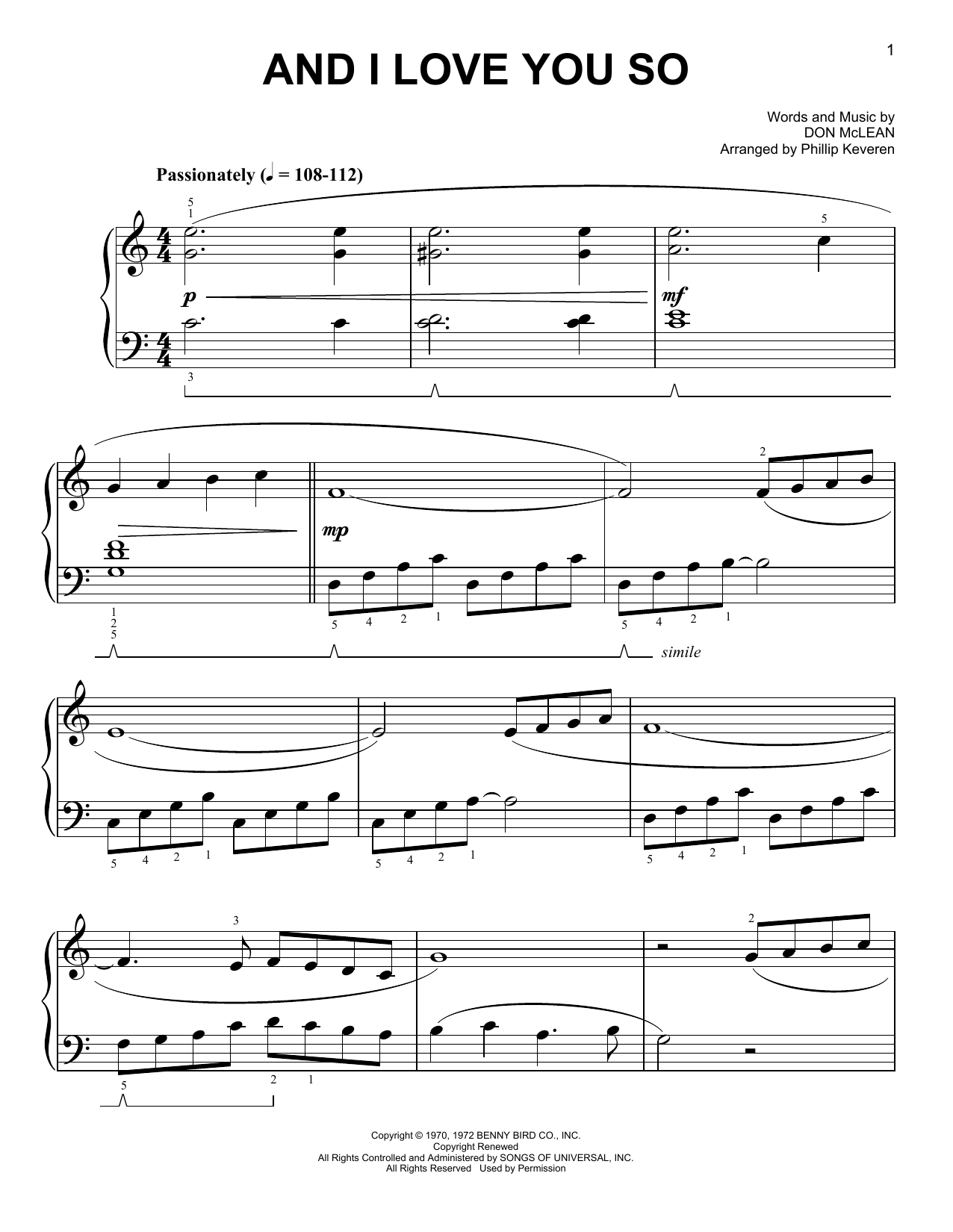Perry Como And I Love You So [Classical version] (arr. Phillip Keveren) sheet music notes and chords arranged for Easy Piano