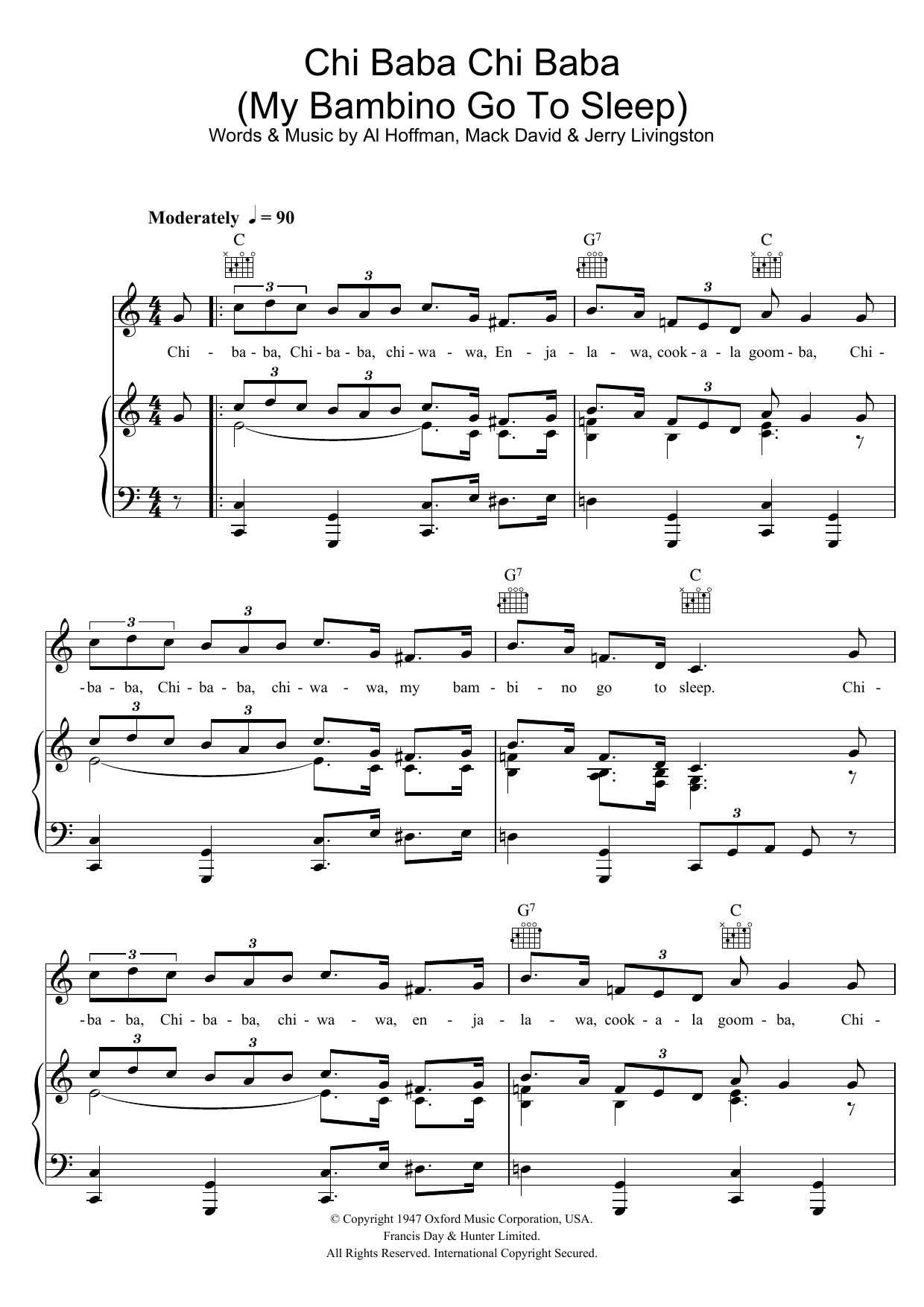 Perry Como Chi Baba Chi Baba (My Bambino Go To Sleep) sheet music notes and chords arranged for Piano, Vocal & Guitar Chords