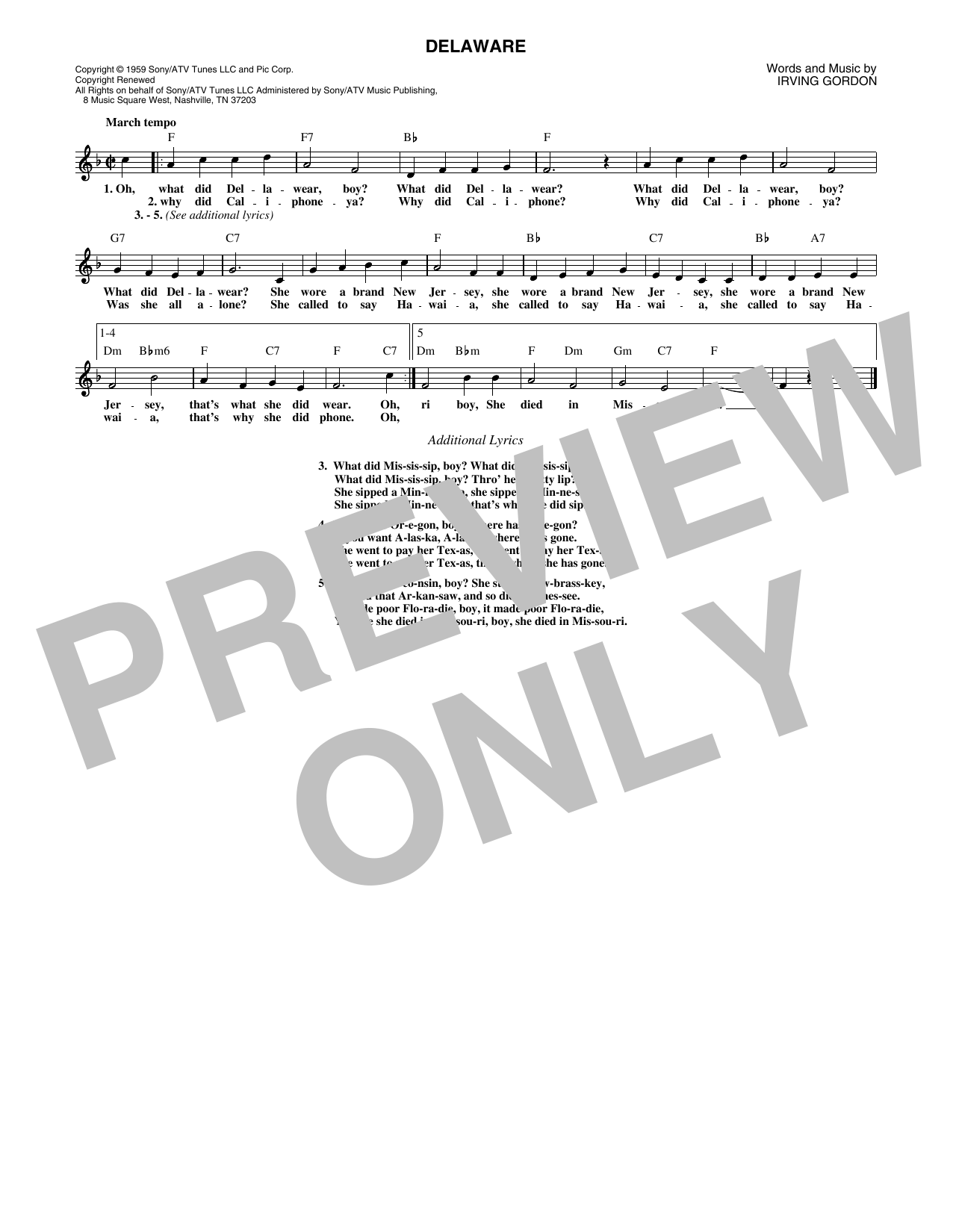 Perry Como Delaware sheet music notes and chords arranged for Lead Sheet / Fake Book
