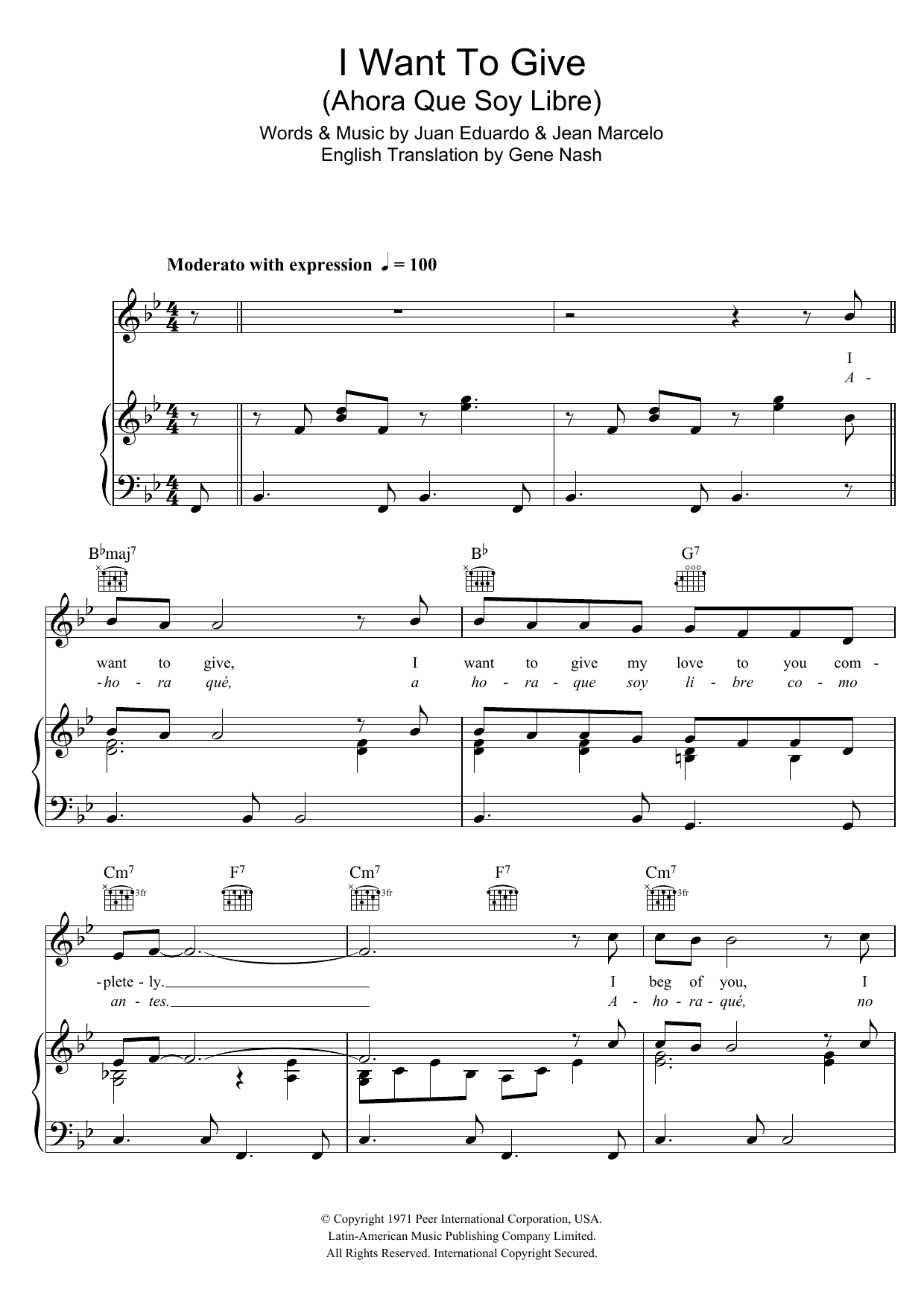 Perry Como I Want To Give (Ahora Que Soy Libre) sheet music notes and chords arranged for Piano, Vocal & Guitar Chords
