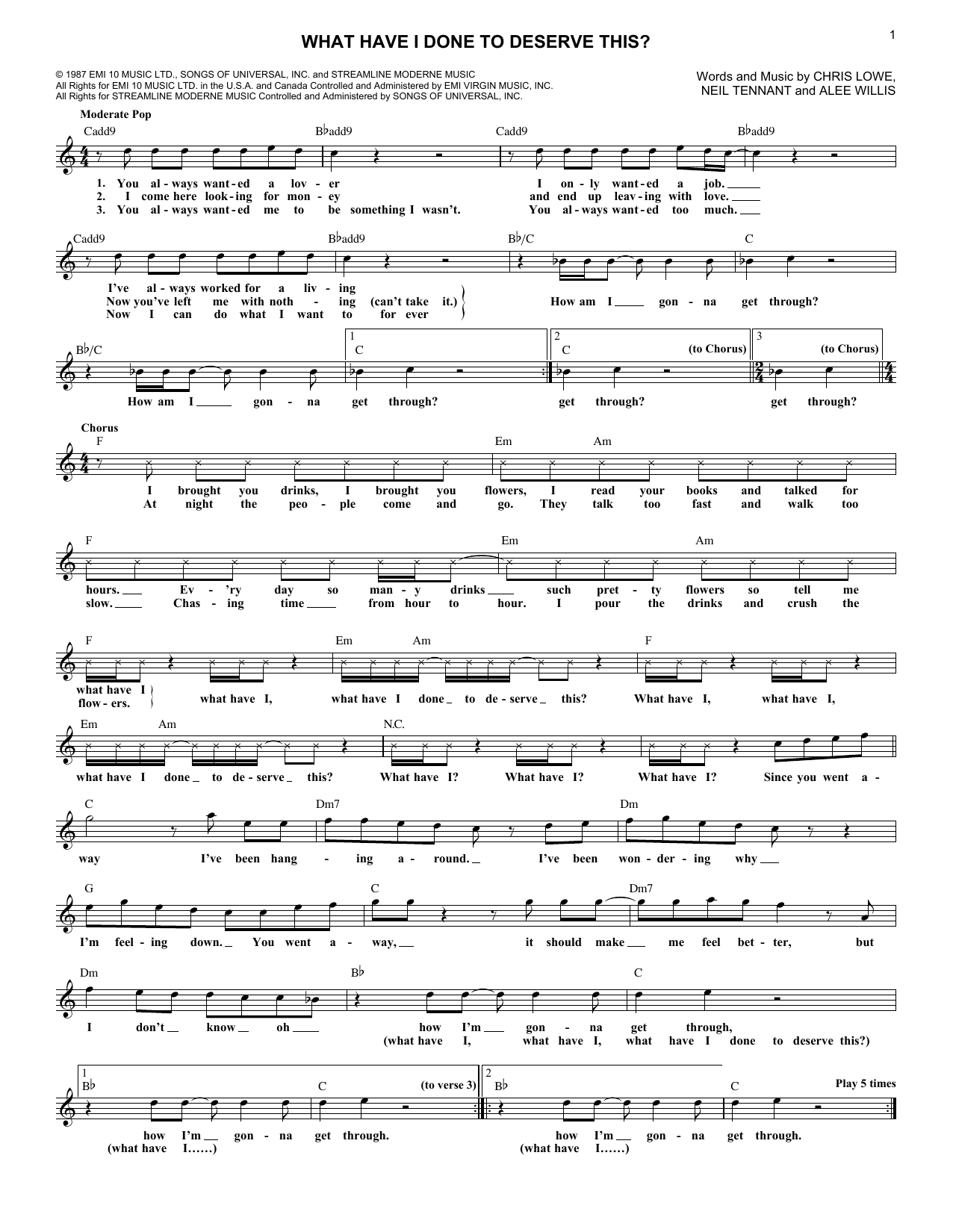 Pet Shop Boys What Have I Done To Deserve This? (feat. Dusty Springfield) sheet music notes and chords arranged for Lead Sheet / Fake Book