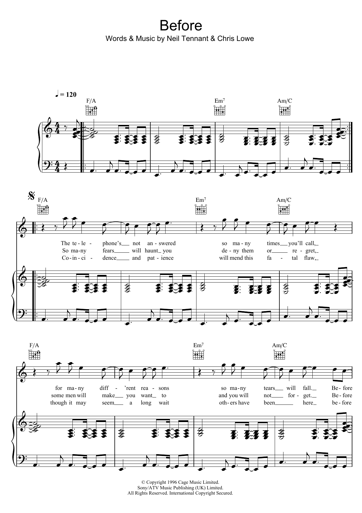 Pet Shop Boys Before sheet music notes and chords arranged for Piano, Vocal & Guitar Chords