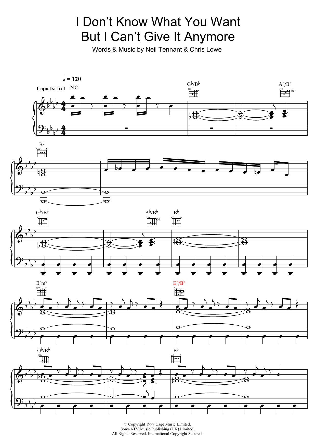 Pet Shop Boys I Don't Know What You Want But I Can't Give It Anymore sheet music notes and chords arranged for Piano, Vocal & Guitar Chords
