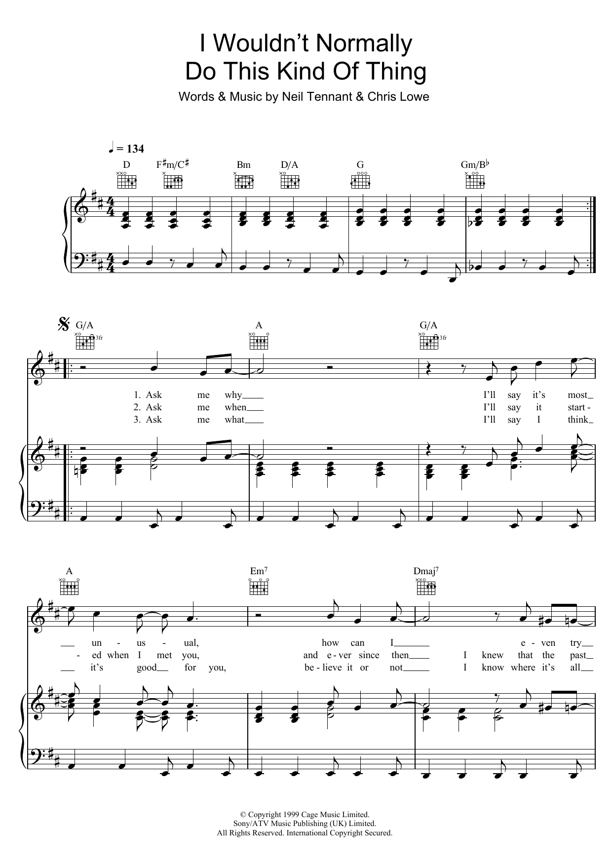 Pet Shop Boys I Wouldn't Normally Do This Kind Of Thing sheet music notes and chords arranged for Piano, Vocal & Guitar Chords