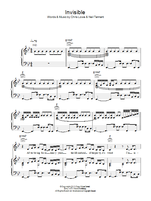 Pet Shop Boys Invisible sheet music notes and chords arranged for Piano, Vocal & Guitar Chords