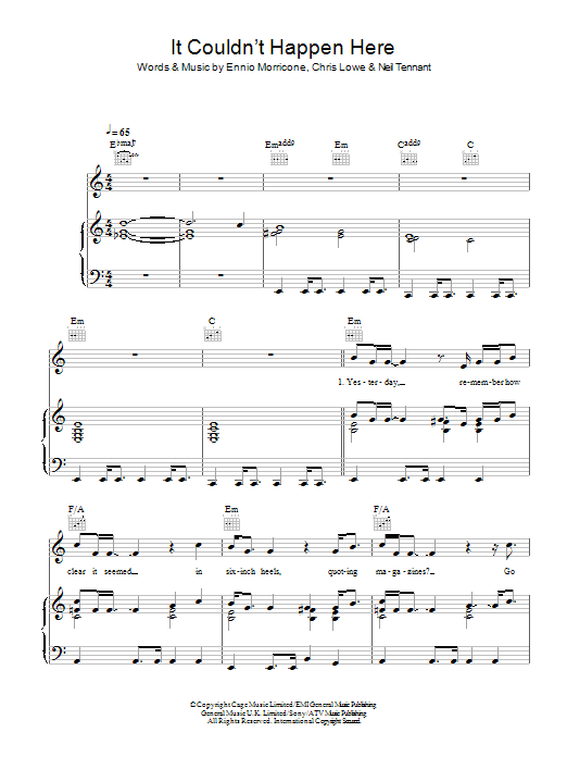 Pet Shop Boys It Couldn't Happen Here sheet music notes and chords arranged for Piano, Vocal & Guitar Chords