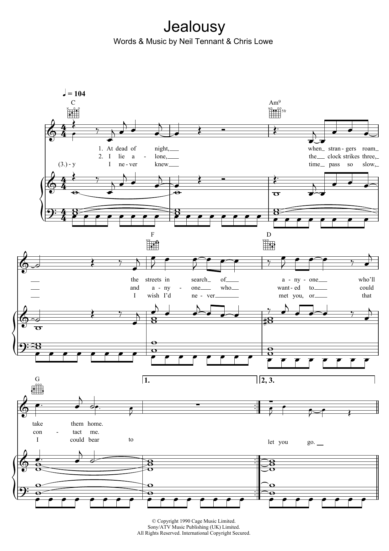 Pet Shop Boys Jealousy sheet music notes and chords arranged for Piano, Vocal & Guitar Chords