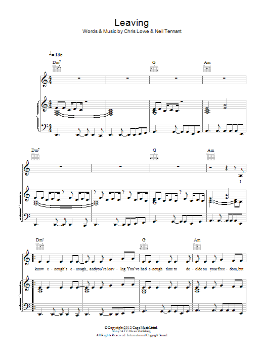 Pet Shop Boys Leaving sheet music notes and chords arranged for Piano, Vocal & Guitar Chords