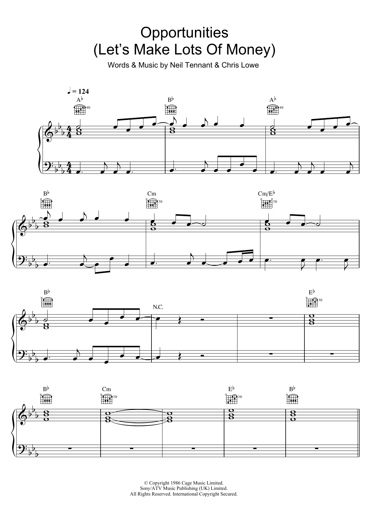 Pet Shop Boys Opportunities (Let's Make Lots Of Money) sheet music notes and chords arranged for Piano, Vocal & Guitar Chords