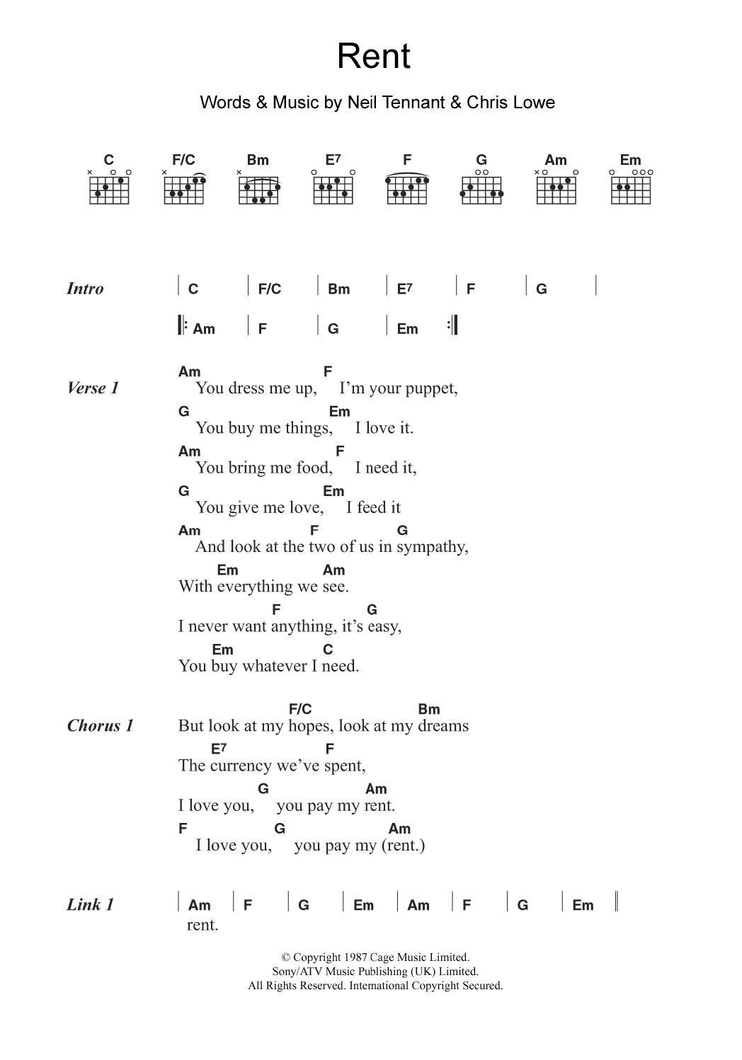 Pet Shop Boys Rent sheet music notes and chords arranged for Guitar Chords/Lyrics