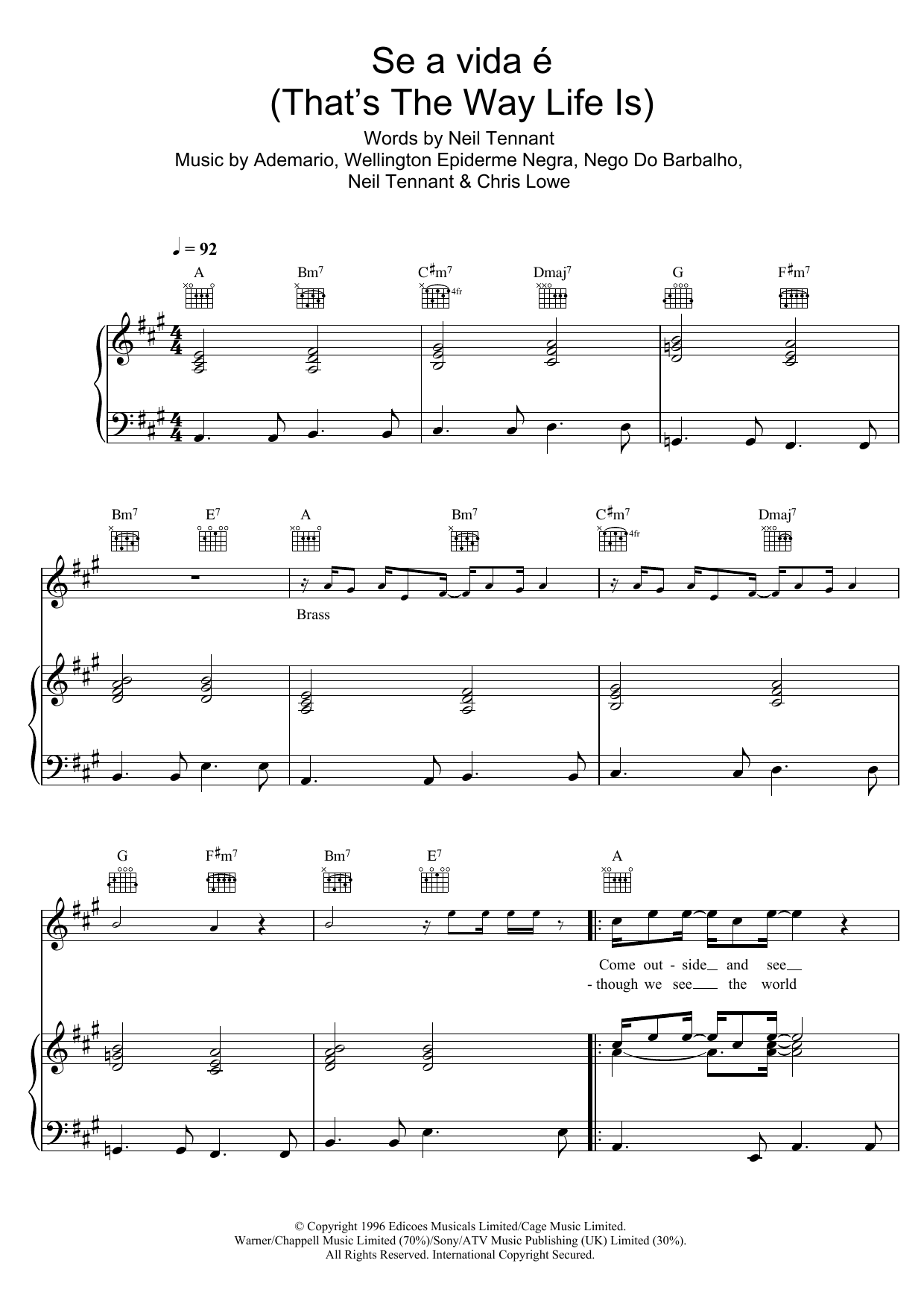 Pet Shop Boys Se a vida e (That's The Way Life Is) sheet music notes and chords arranged for Piano, Vocal & Guitar Chords