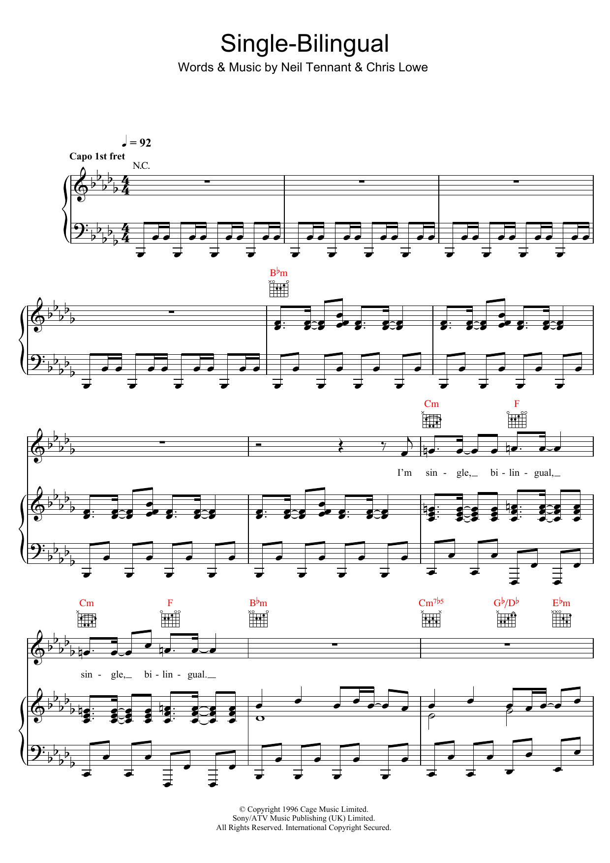 Pet Shop Boys Single-Bilingual sheet music notes and chords arranged for Piano, Vocal & Guitar Chords