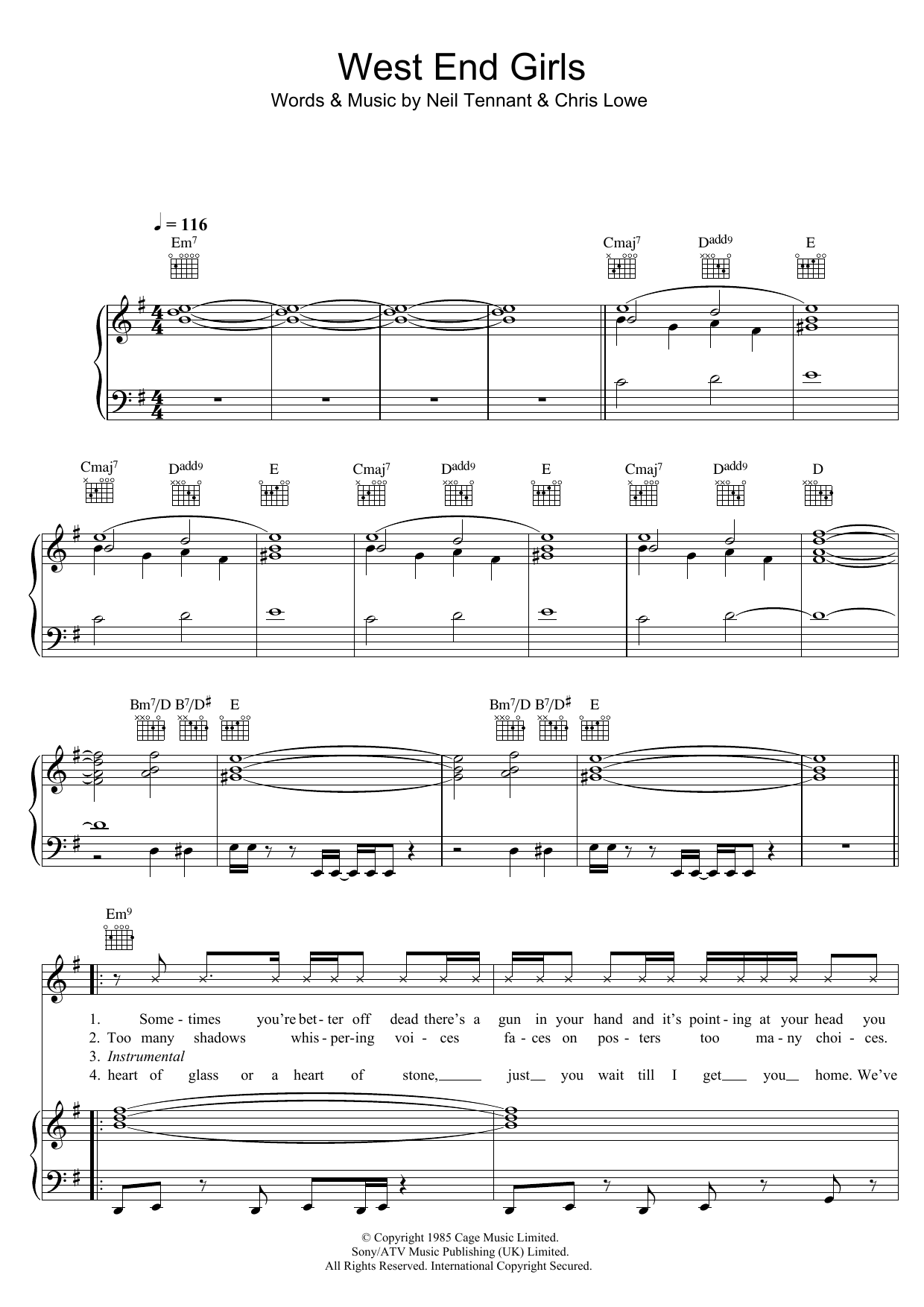 Pet Shop Boys West End Girls sheet music notes and chords arranged for Piano, Vocal & Guitar Chords
