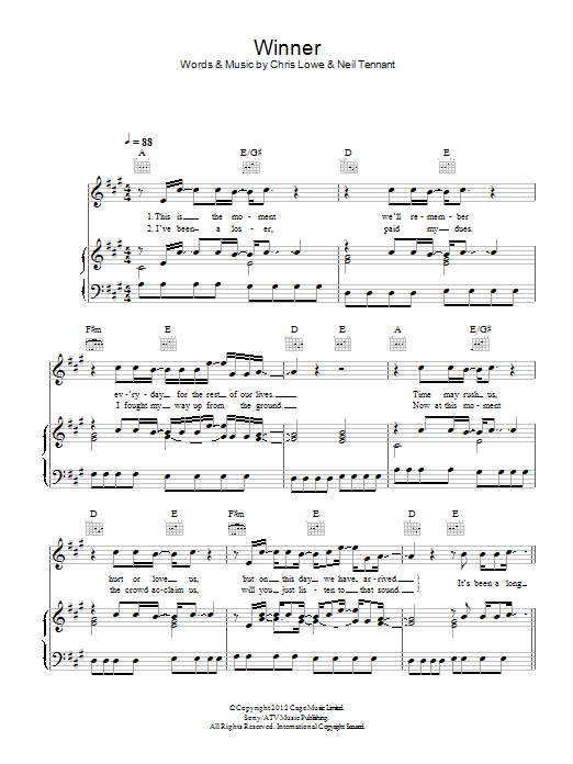 Pet Shop Boys Winner sheet music notes and chords arranged for Piano, Vocal & Guitar Chords