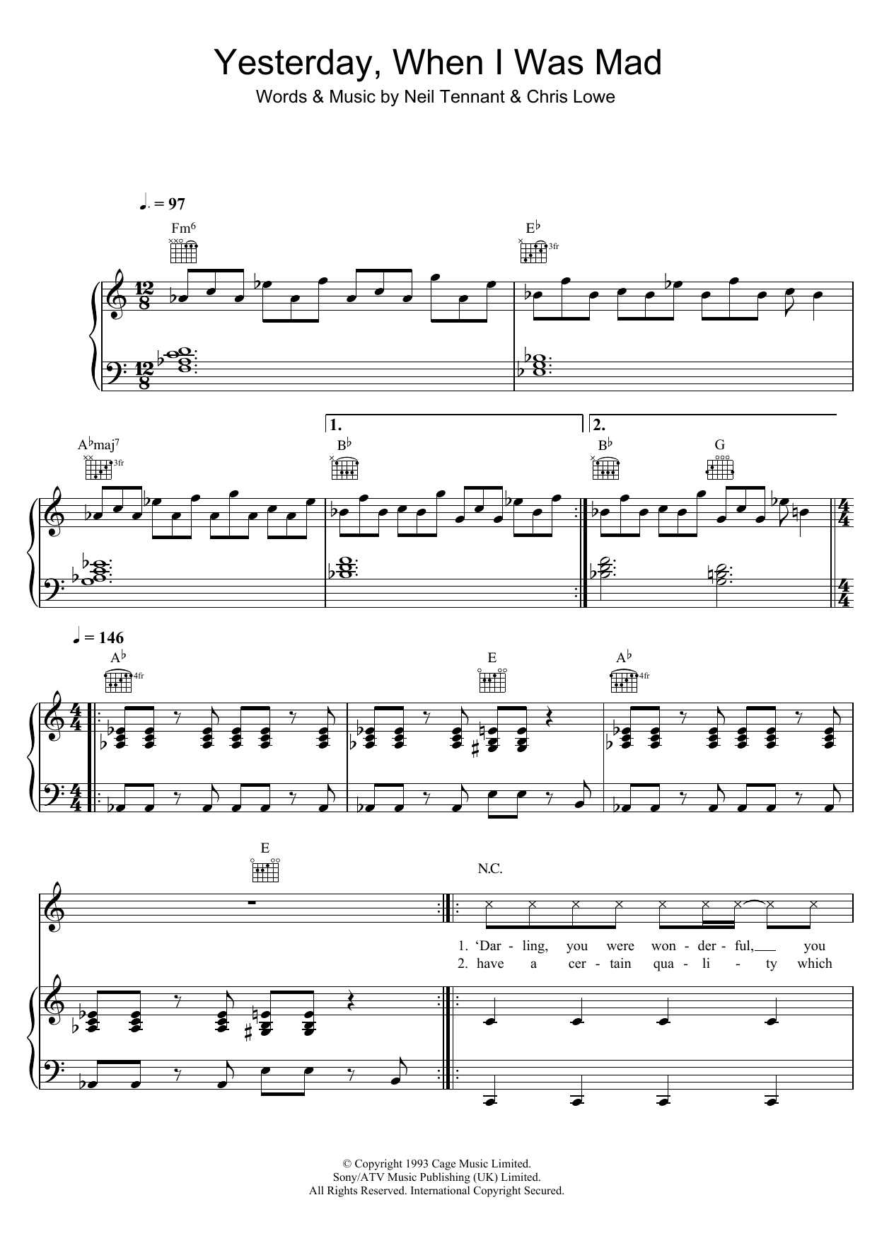 Pet Shop Boys Yesterday, When I Was Mad sheet music notes and chords arranged for Piano, Vocal & Guitar Chords