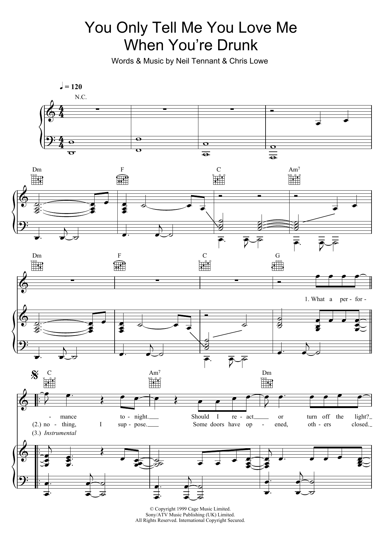 Pet Shop Boys You Only Tell Me You Love Me When You're Drunk sheet music notes and chords arranged for Piano, Vocal & Guitar Chords