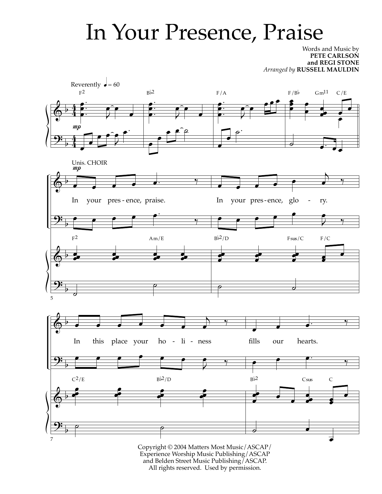 Pete Carlson and Regi Stone In Your Presence, Praise (arr. Russell Mauldin) sheet music notes and chords arranged for SATB Choir