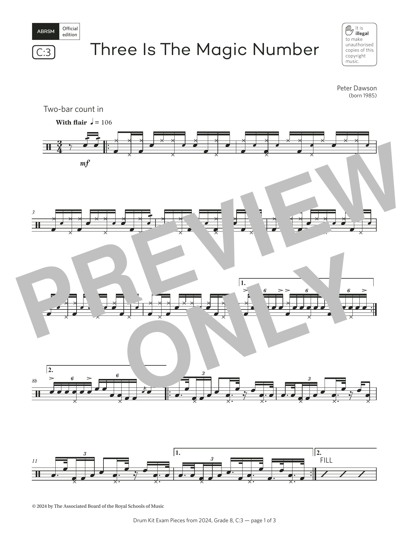 Pete Dawson Three Is The Magic Number (Grade 8, list C3, from the ABRSM Drum Kit Syllabus 2024) sheet music notes and chords arranged for Drums