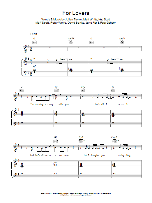 Pete Doherty For Lovers sheet music notes and chords arranged for Piano, Vocal & Guitar Chords