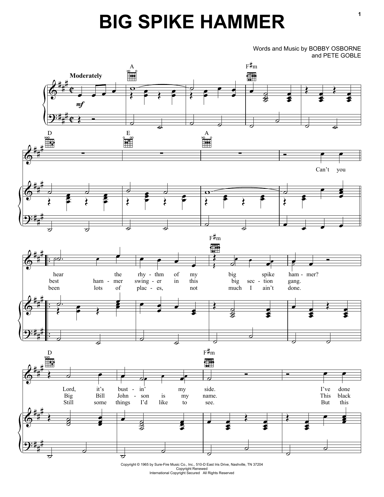 Pete Goble Big Spike Hammer sheet music notes and chords arranged for Piano, Vocal & Guitar Chords (Right-Hand Melody)