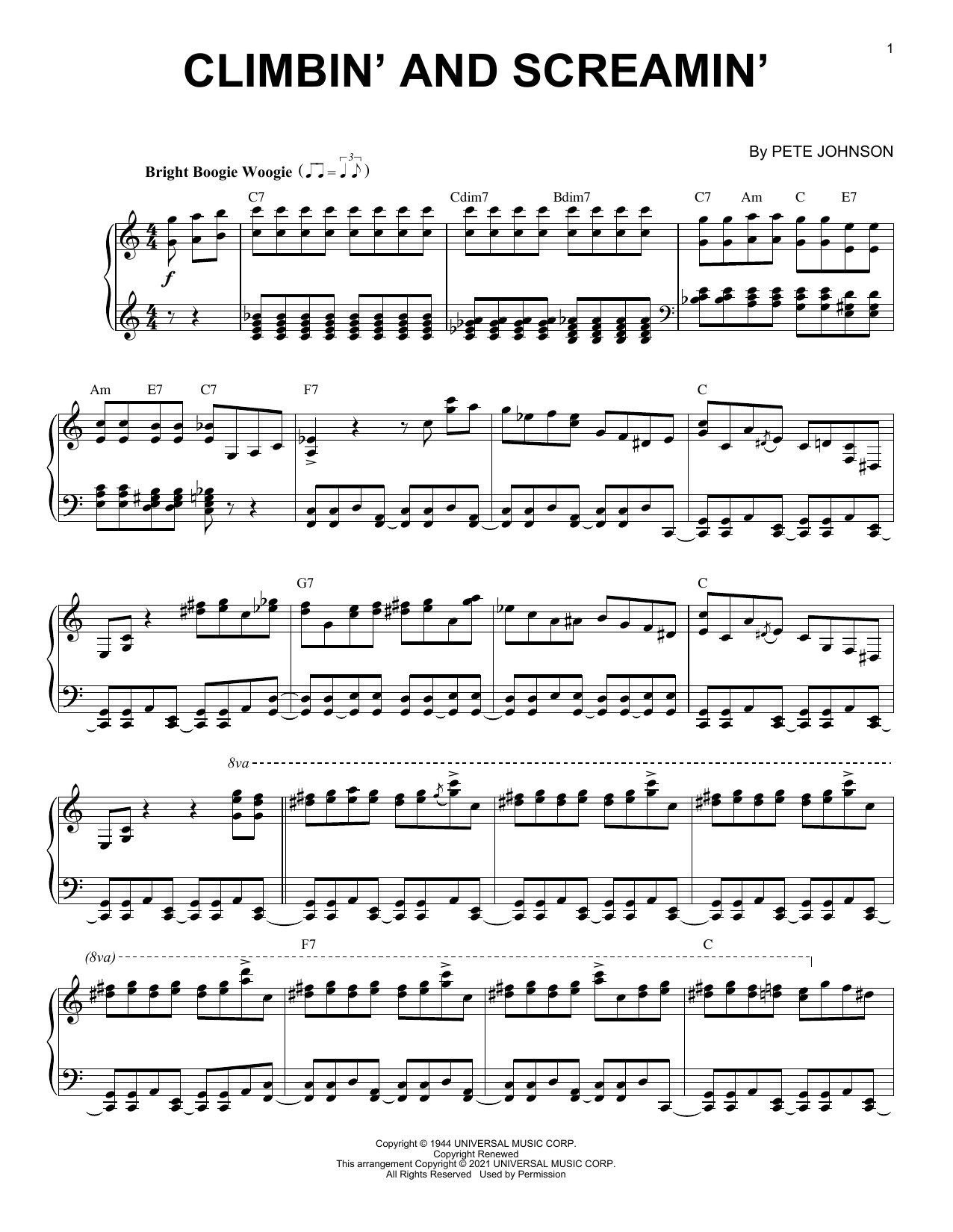 Pete Johnson Climbin' And Screamin' (arr. Brent Edstrom) sheet music notes and chords arranged for Piano Solo