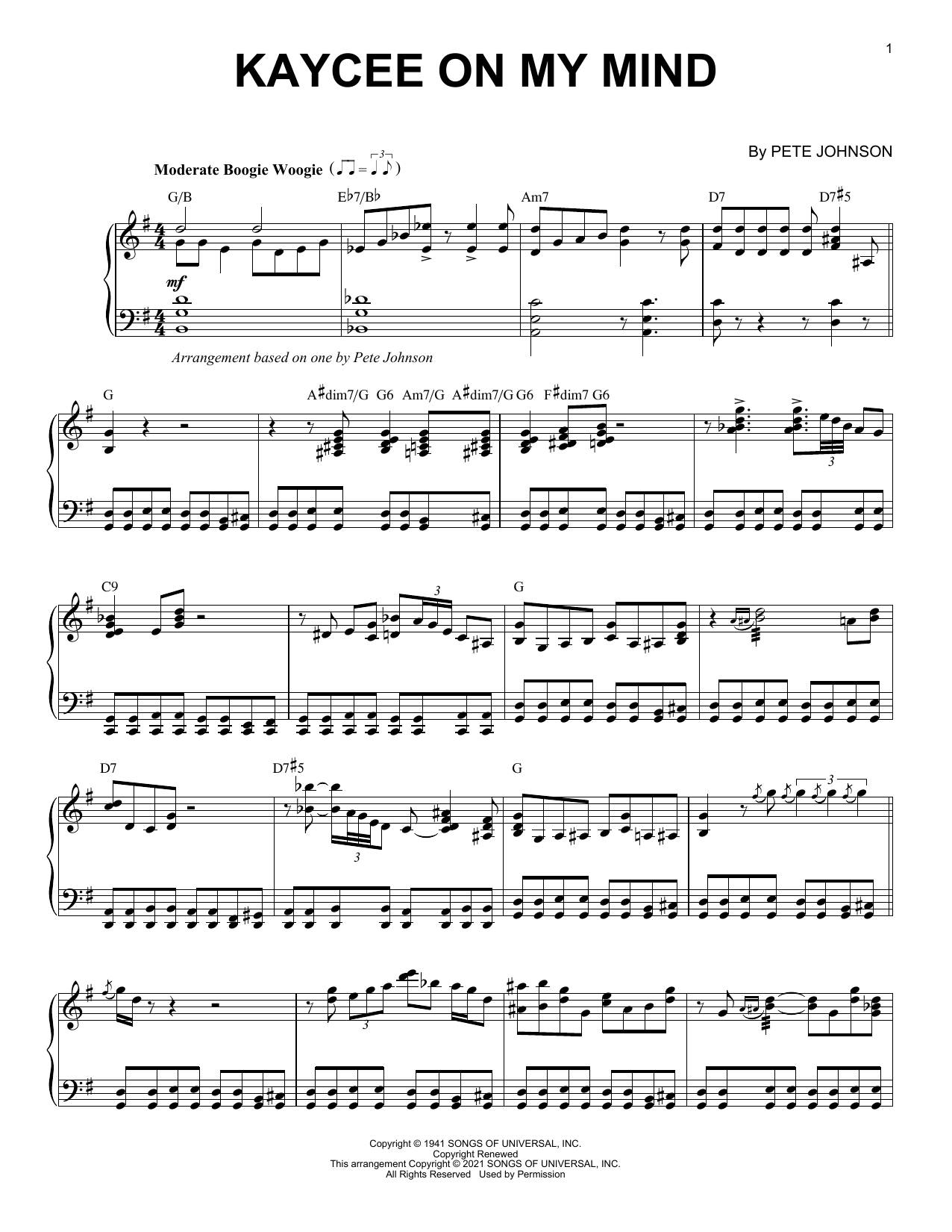 Pete Johnson Kaycee On My Mind (arr. Brent Edstrom) sheet music notes and chords arranged for Piano Solo