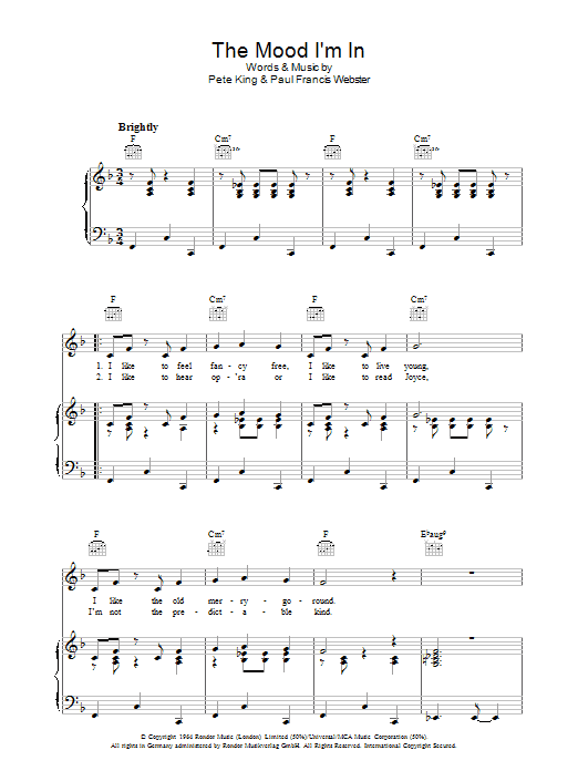 Pete King The Mood I'm In sheet music notes and chords arranged for Piano, Vocal & Guitar Chords