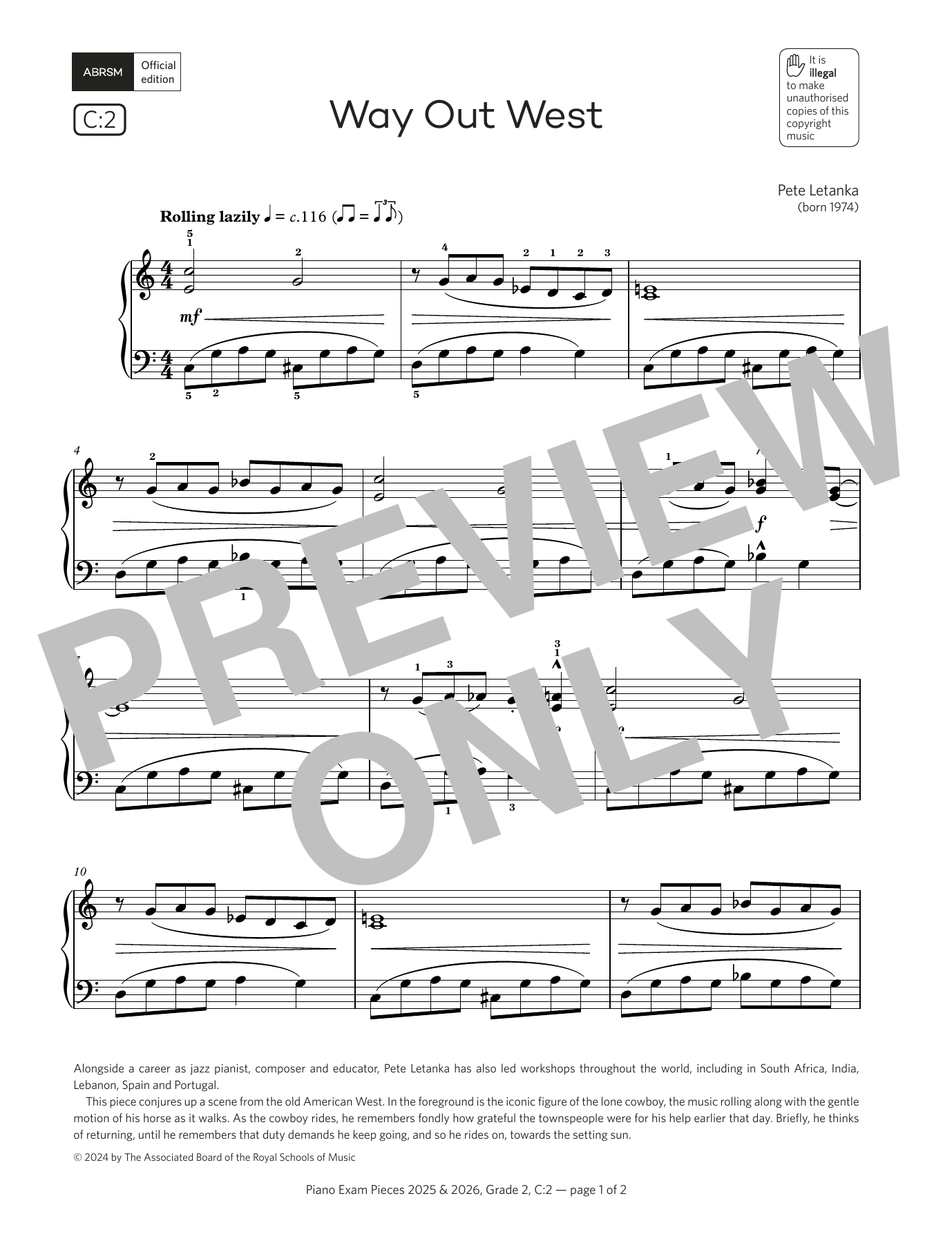 Pete Letanka Way Out West (Grade 2, list C2, from the ABRSM Piano Syllabus 2025 & 2026) sheet music notes and chords arranged for Piano Solo