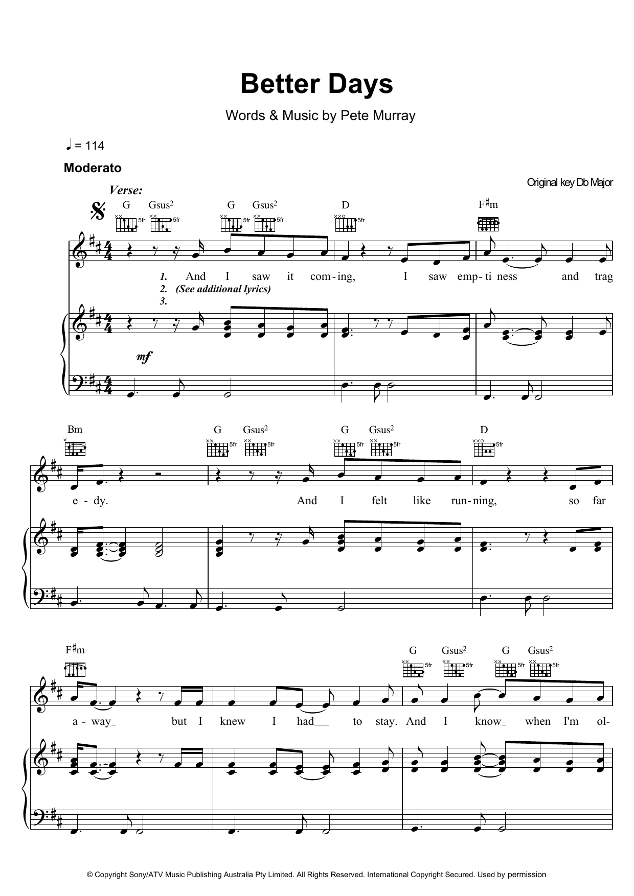 Pete Murray Better Days sheet music notes and chords arranged for Beginner Piano