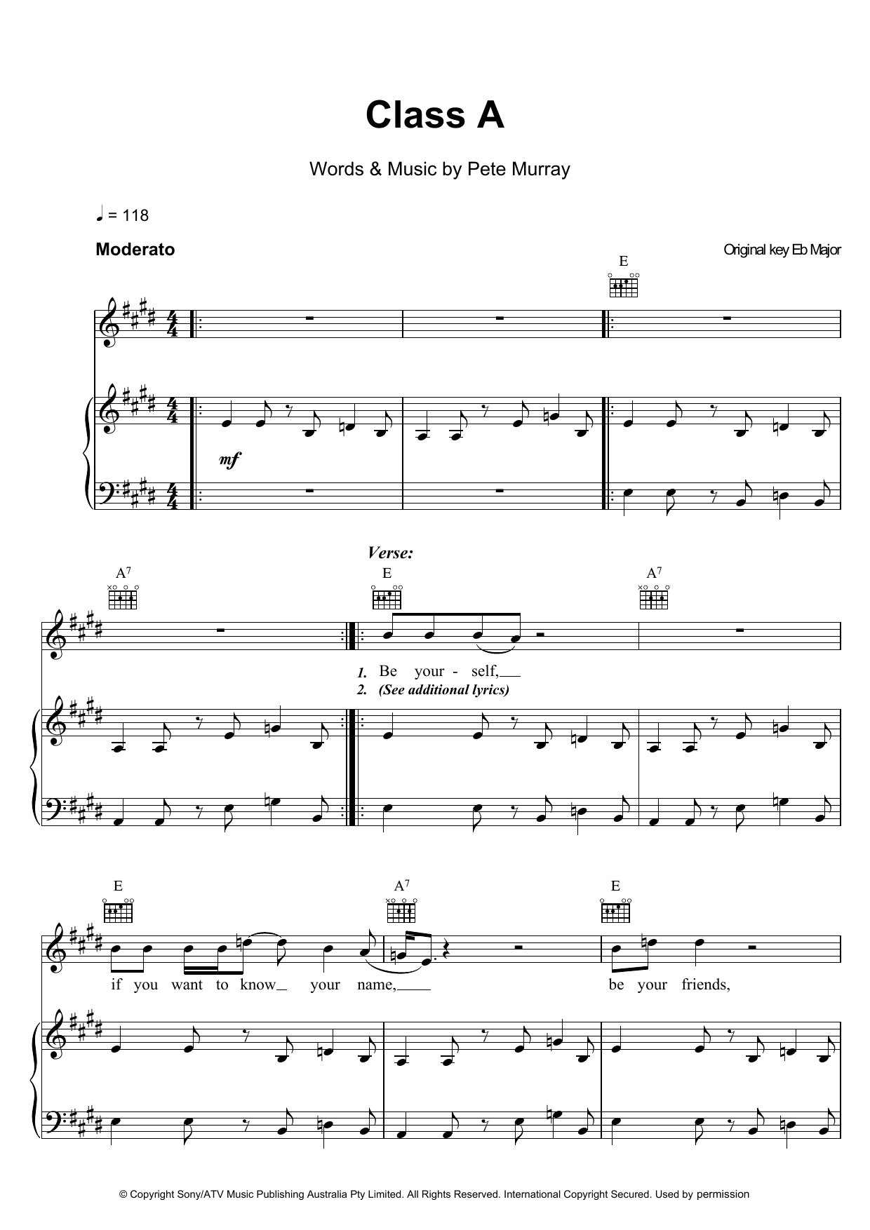 Pete Murray Class A sheet music notes and chords arranged for Piano, Vocal & Guitar Chords
