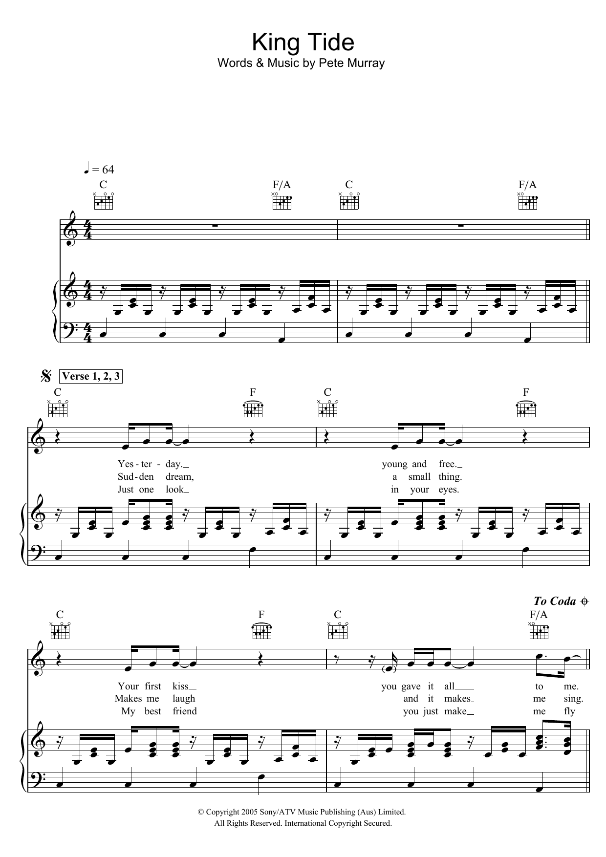 Pete Murray King Tide sheet music notes and chords arranged for Piano, Vocal & Guitar Chords