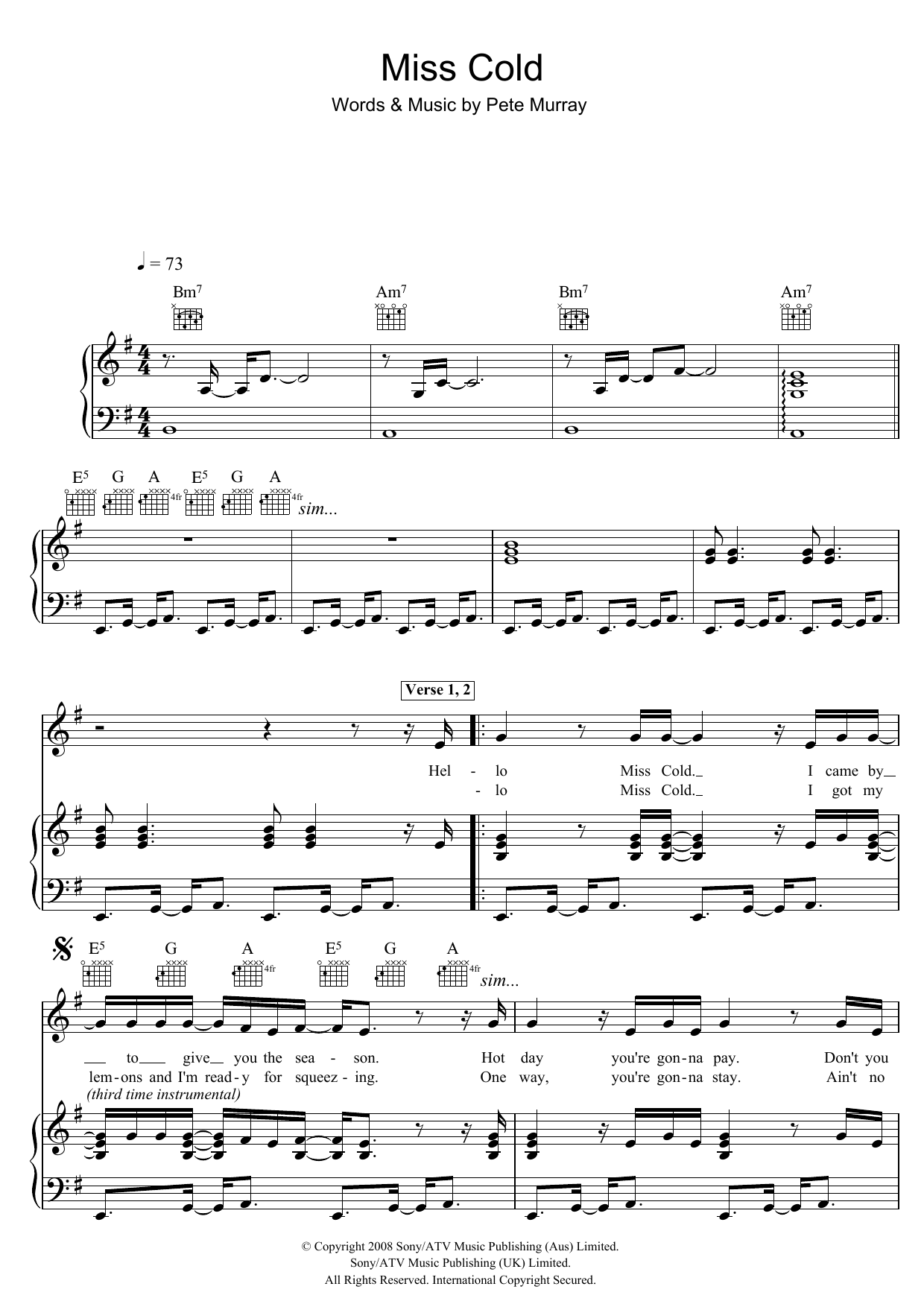 Pete Murray Miss Cold sheet music notes and chords arranged for Piano, Vocal & Guitar Chords