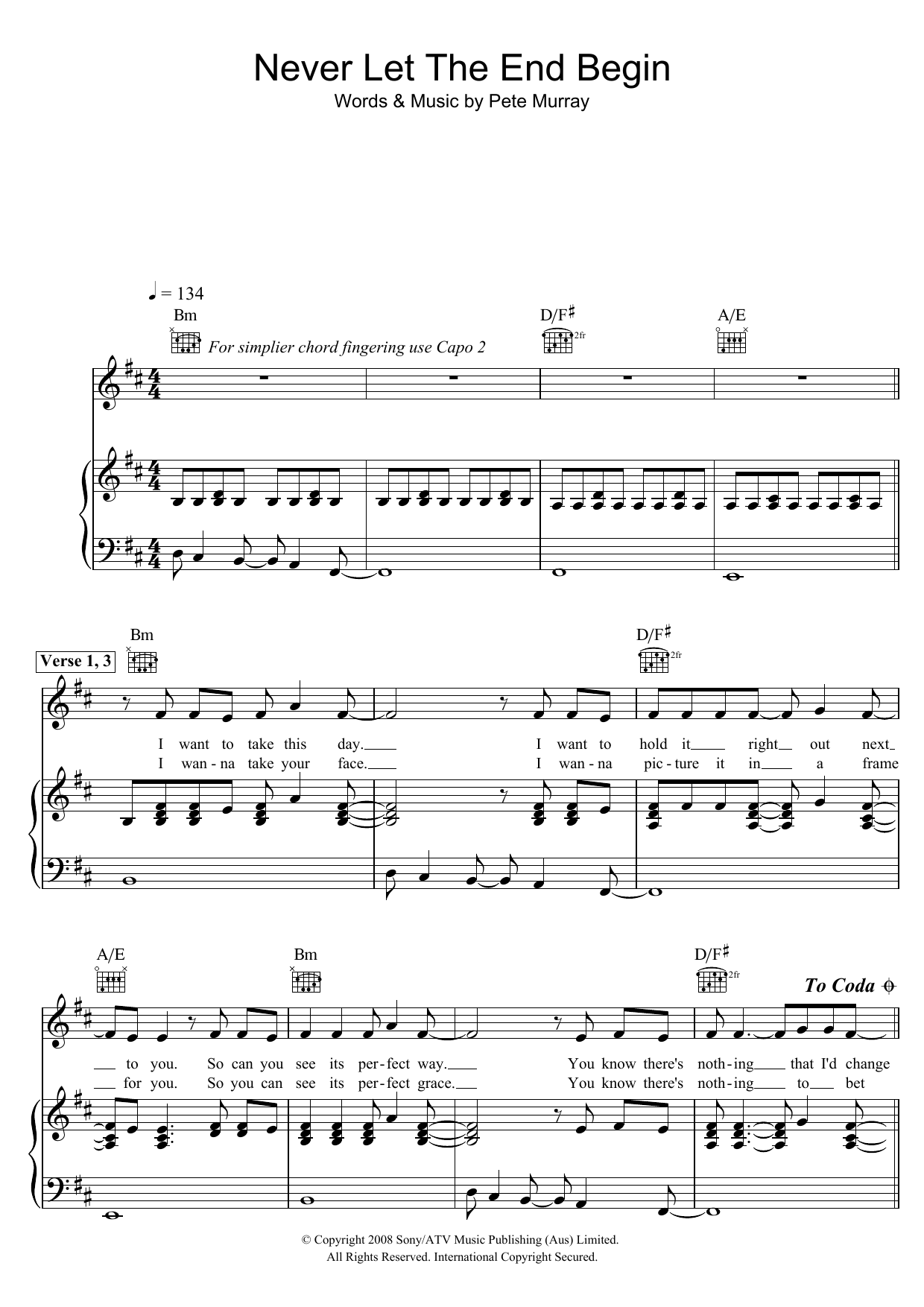 Pete Murray Never Let The End Begin sheet music notes and chords arranged for Piano, Vocal & Guitar Chords