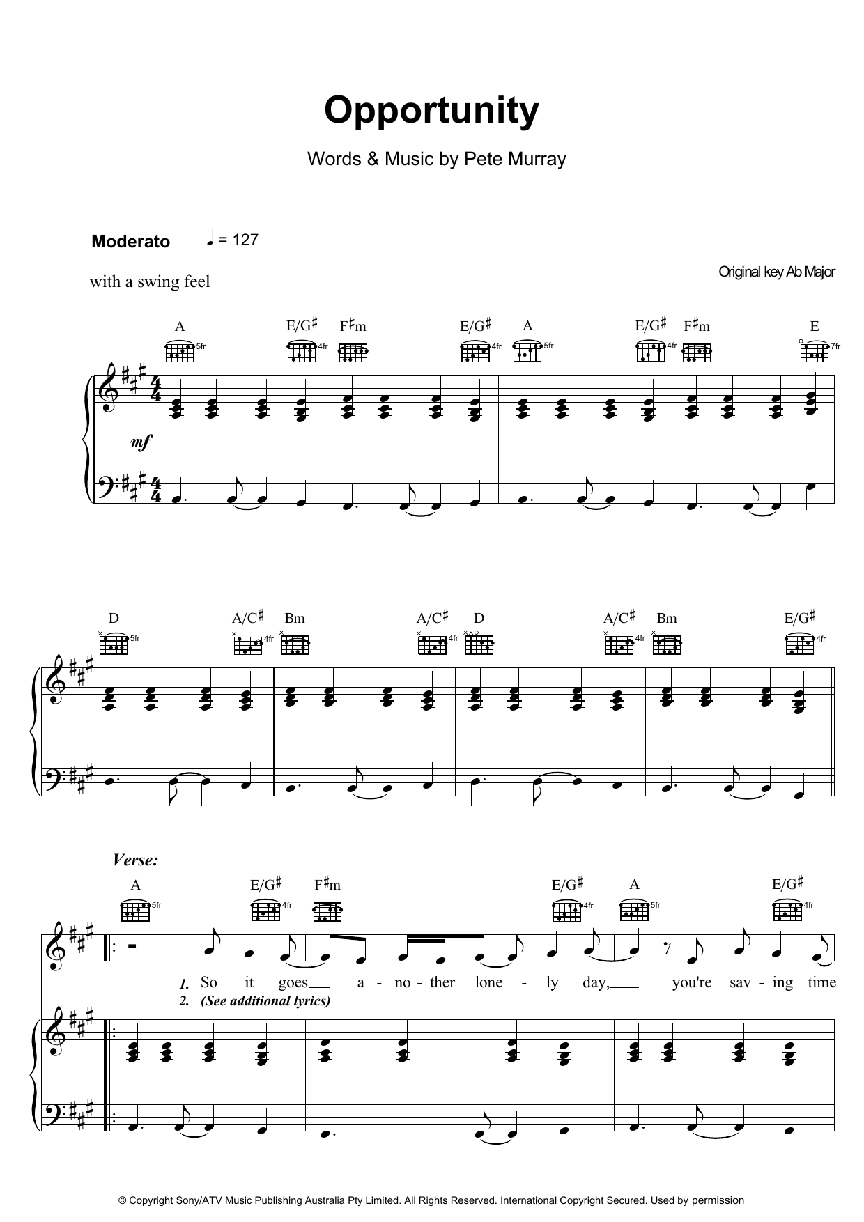 Pete Murray Opportunity sheet music notes and chords arranged for Piano, Vocal & Guitar Chords