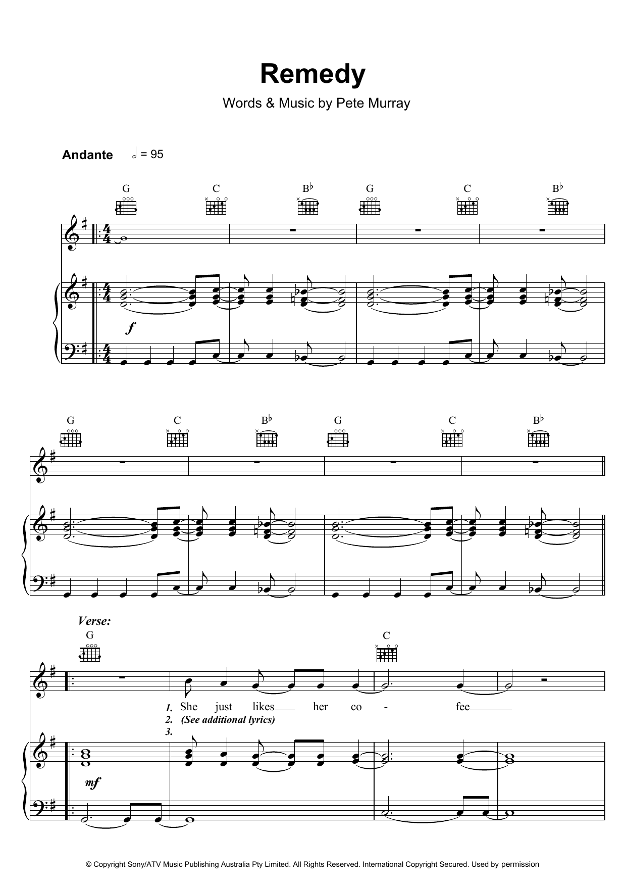 Pete Murray Remedy sheet music notes and chords arranged for Piano, Vocal & Guitar Chords